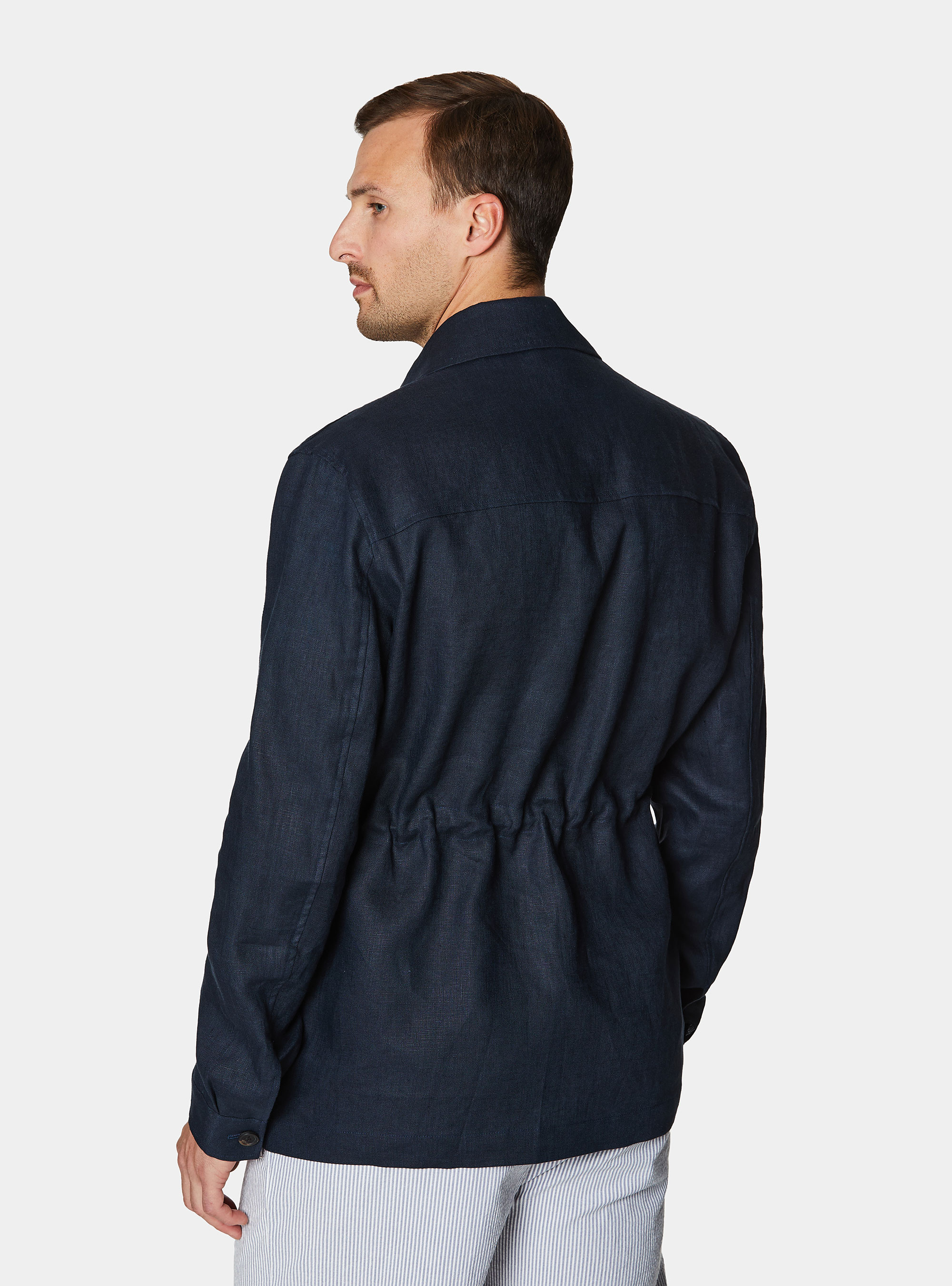 Veste chemise en pur lin avec cordon de serrage, BLEU MARINE