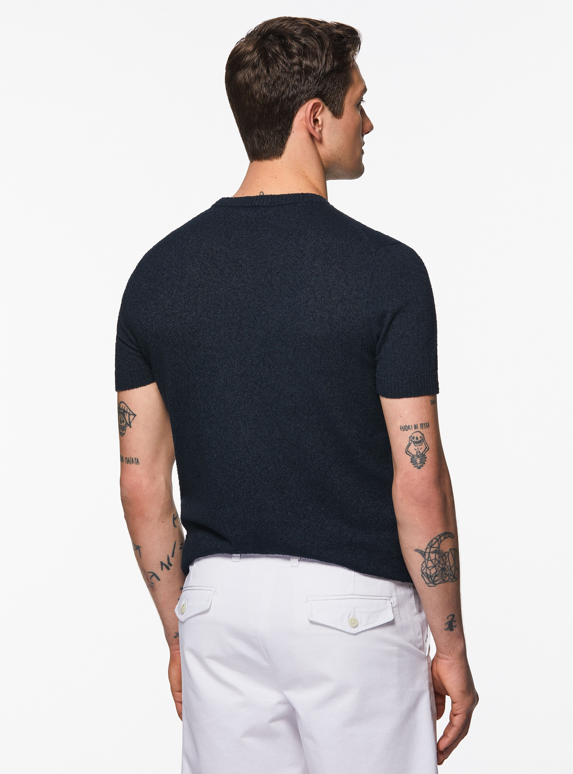 Maglia girocollo in misto cotone bouclè, BLU NAVY