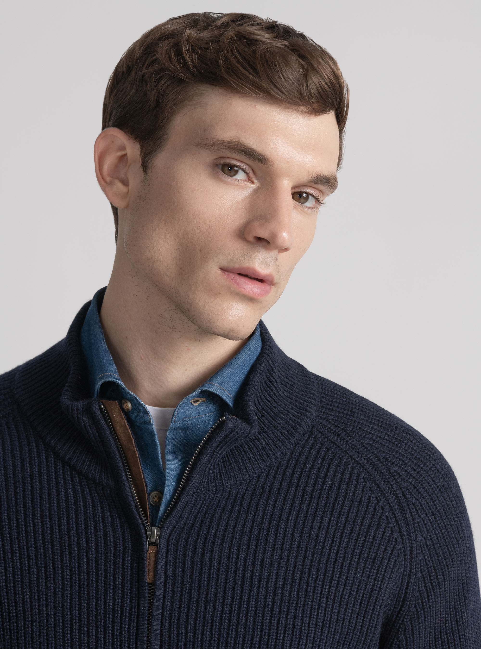 Cardigan con zip in maglia raglan in lana merino, BLU NAVY