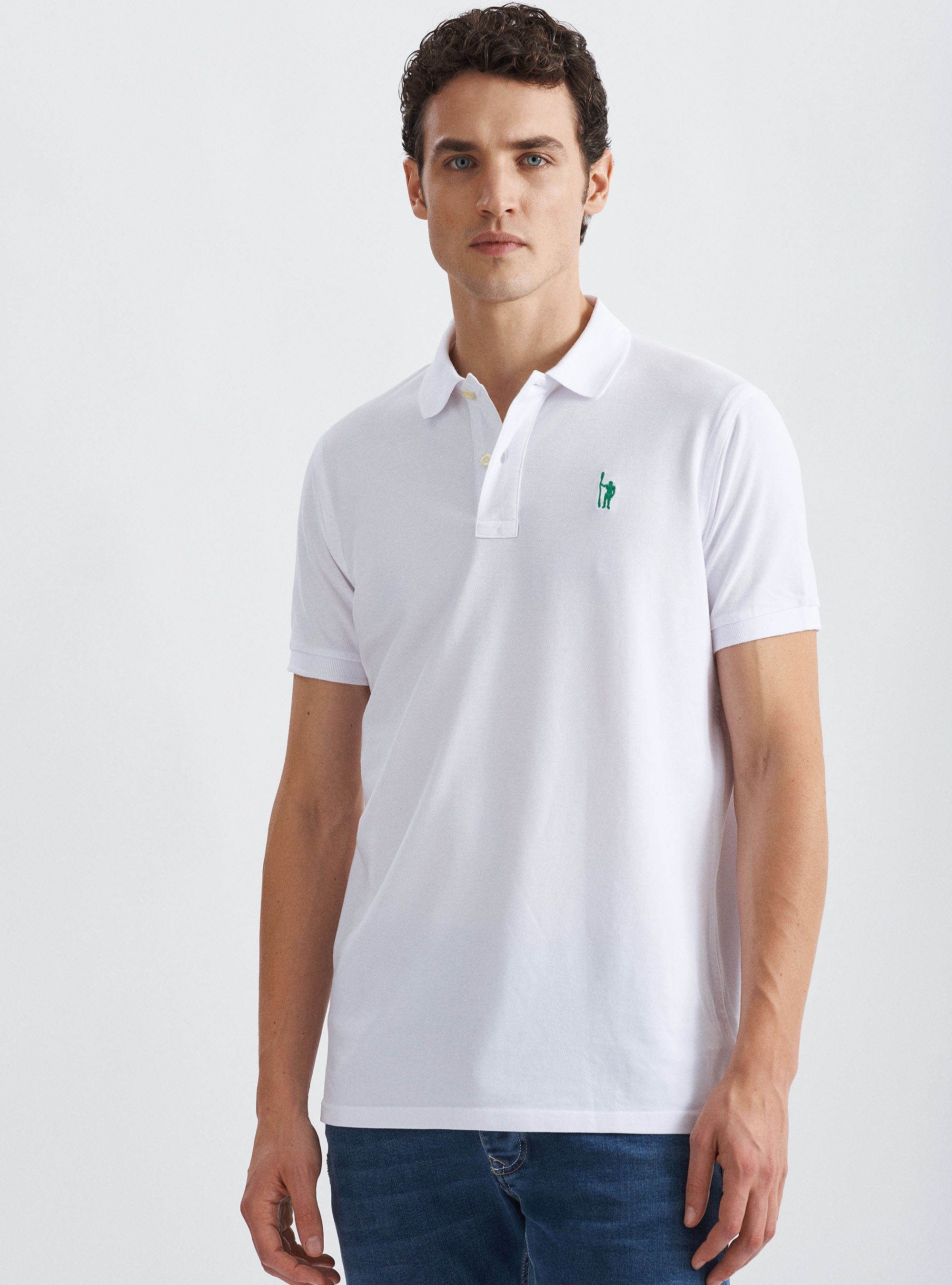 Polo classica in piquet di cotone con ricamo, BIANCO