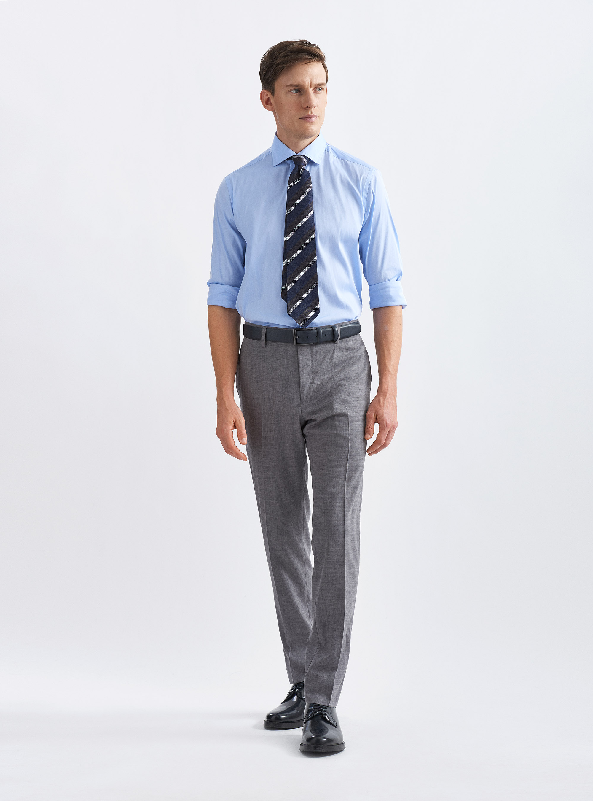 Camicia slim fit in popeline stretch, AZZURRO