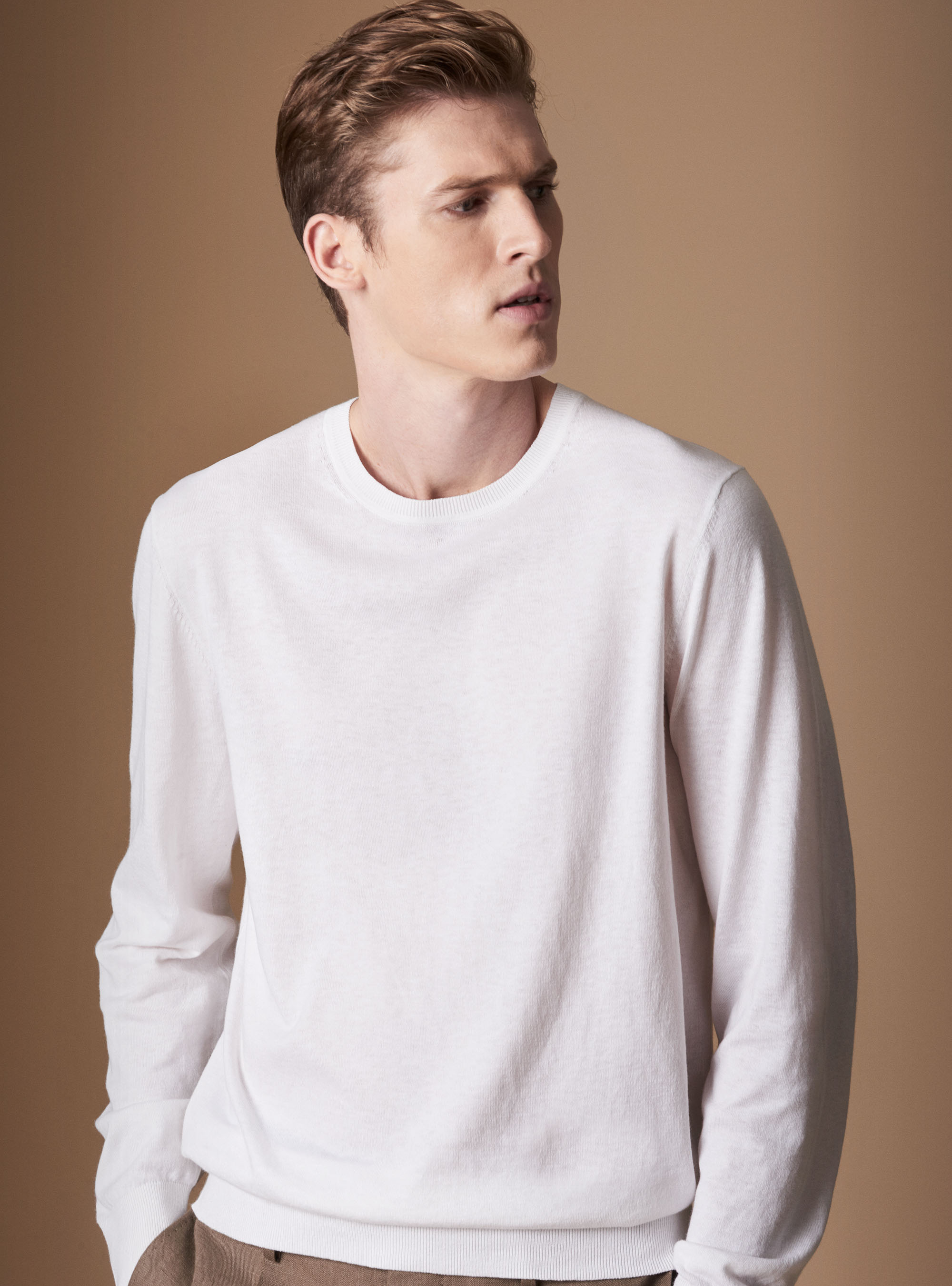 Cotton silk and cashmere round neck basic jersey, WHITE