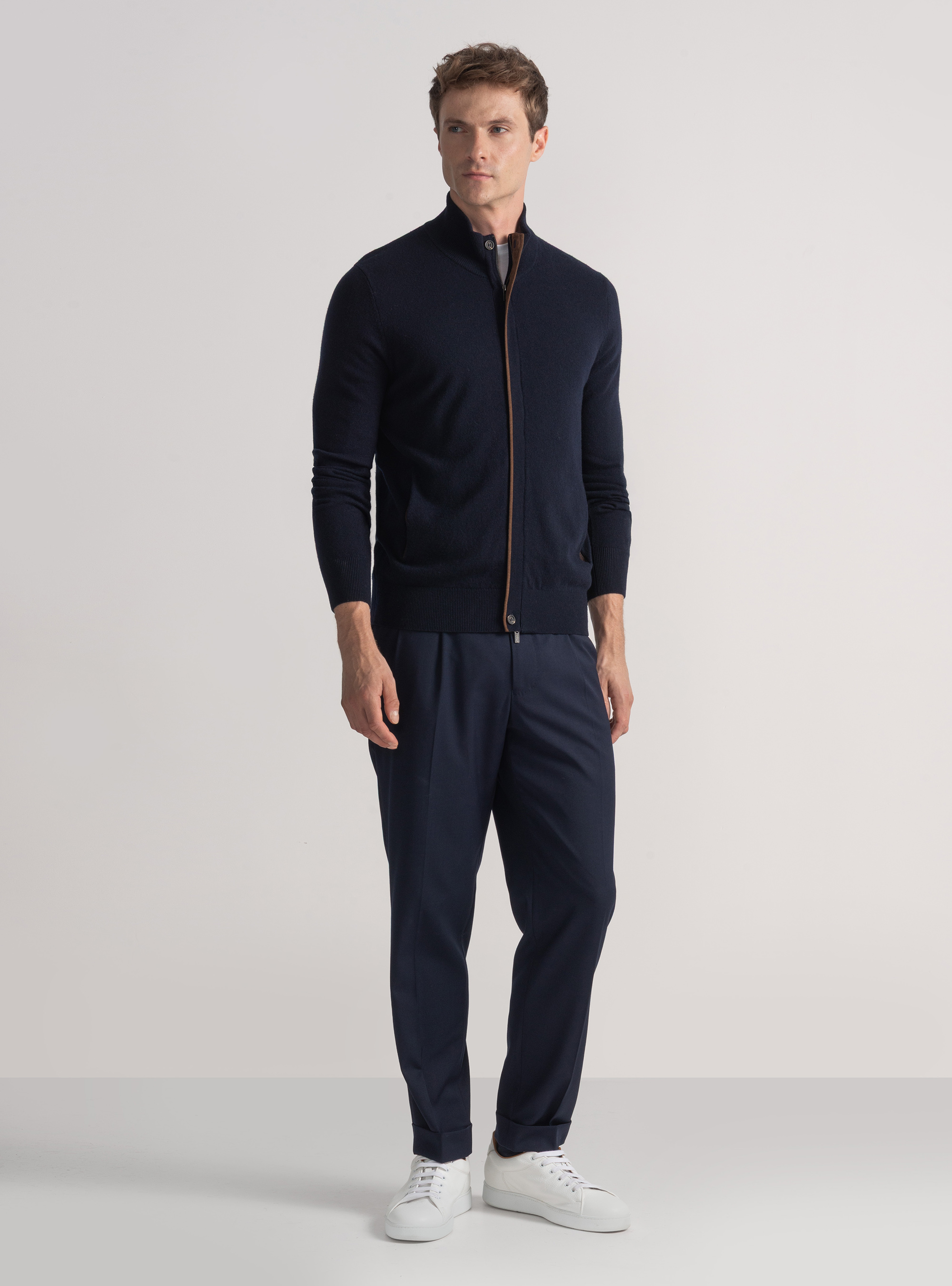 Cardigan in maglia con zip in lana lambswool e cashmere, BLU NAVY