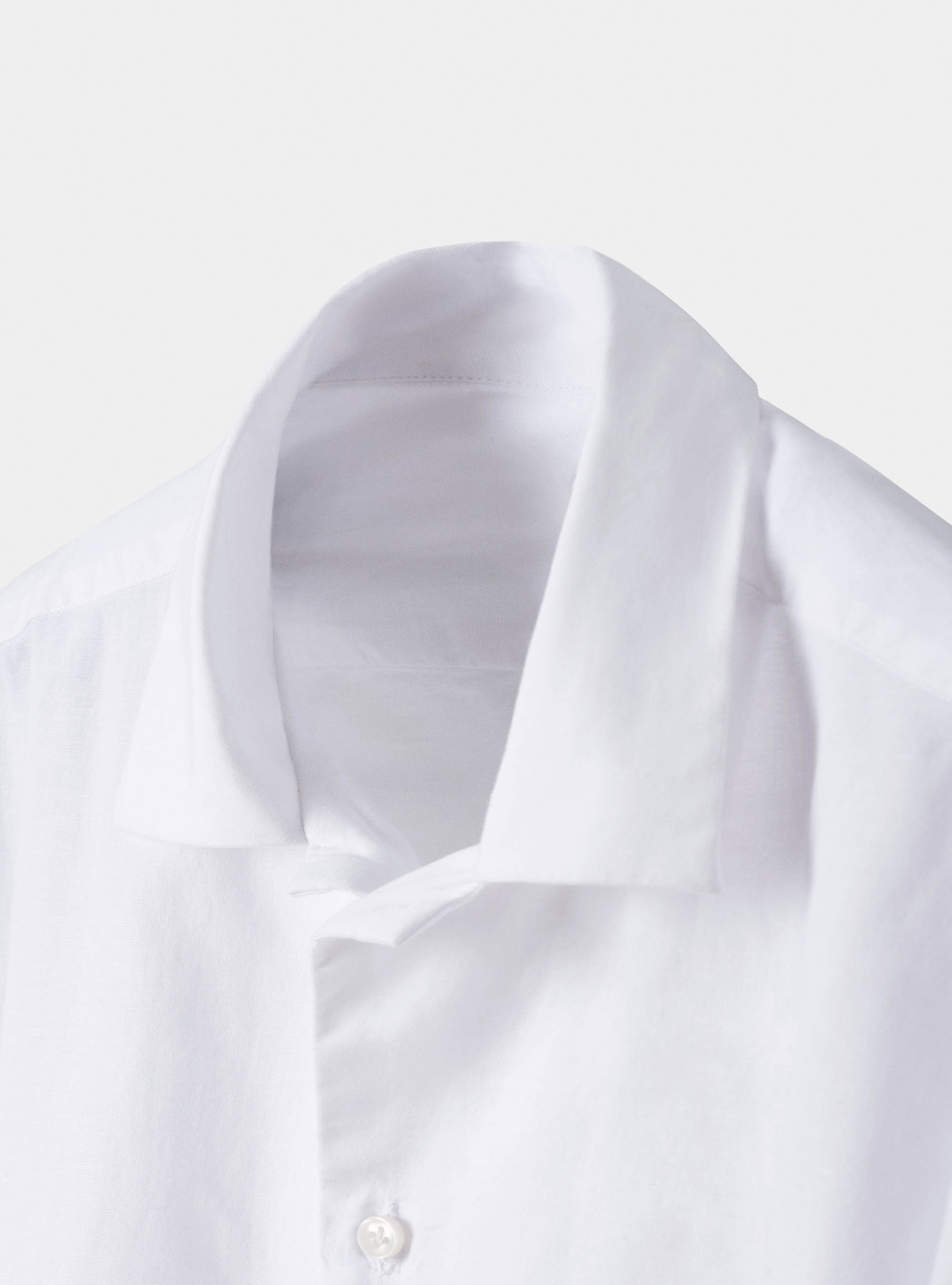 Camicia comfort con collo bowling in cotone e lino, BIANCO