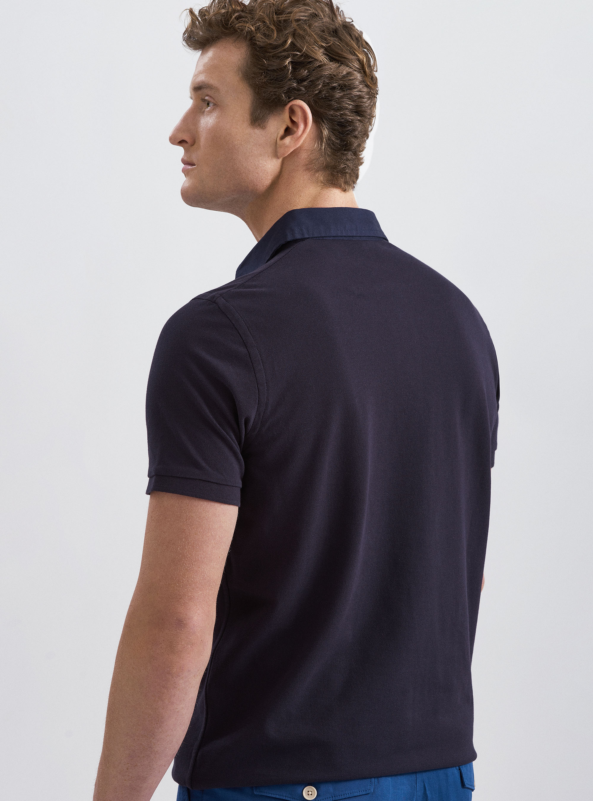 Polo collo camicia in twill, BLU NAVY