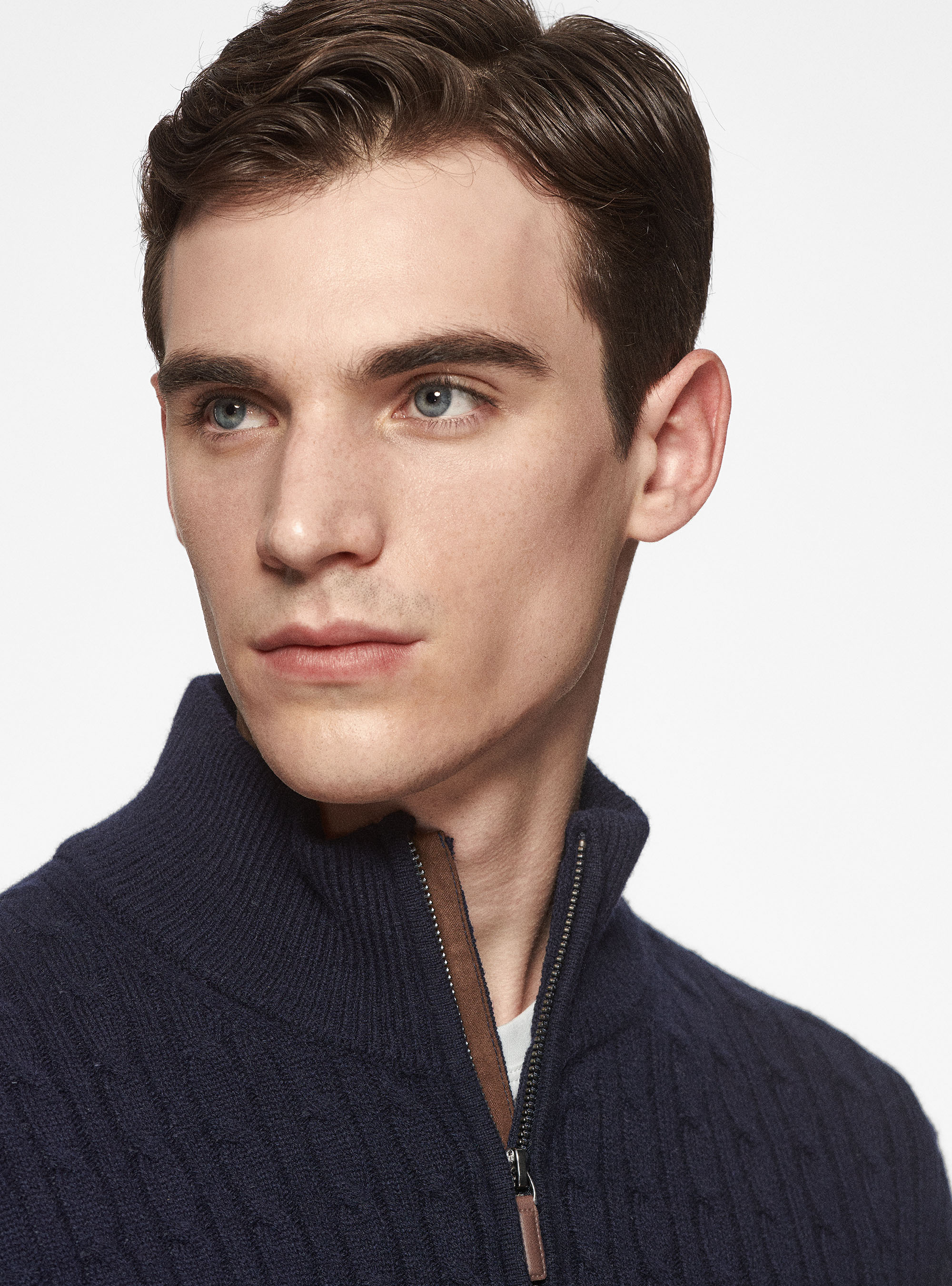 Maglia mock neck in lana e cashmere con trecce, BLU NAVY