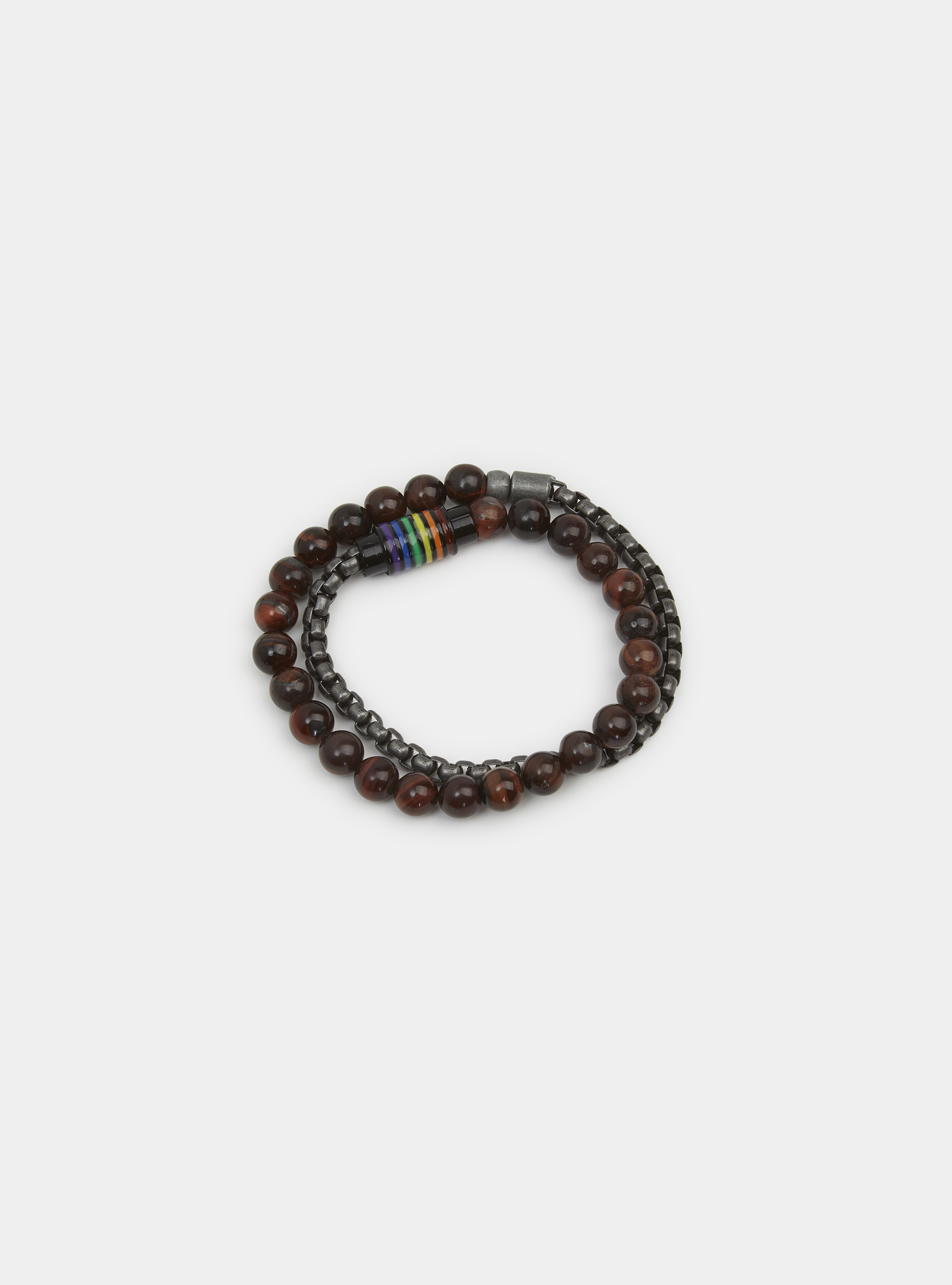 Bracciale doppio con metallo e sfere marroni, MARRONE