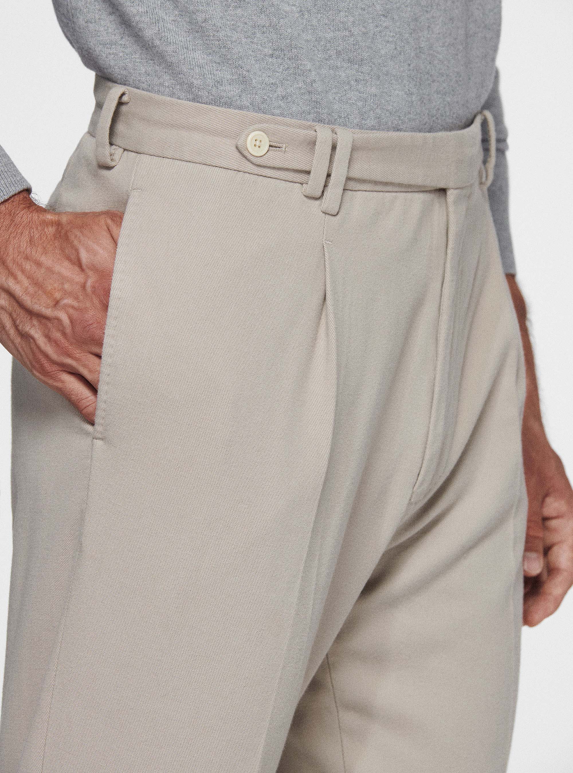 Pantaloni con pince in twill di cotone e cashmere, ECRU