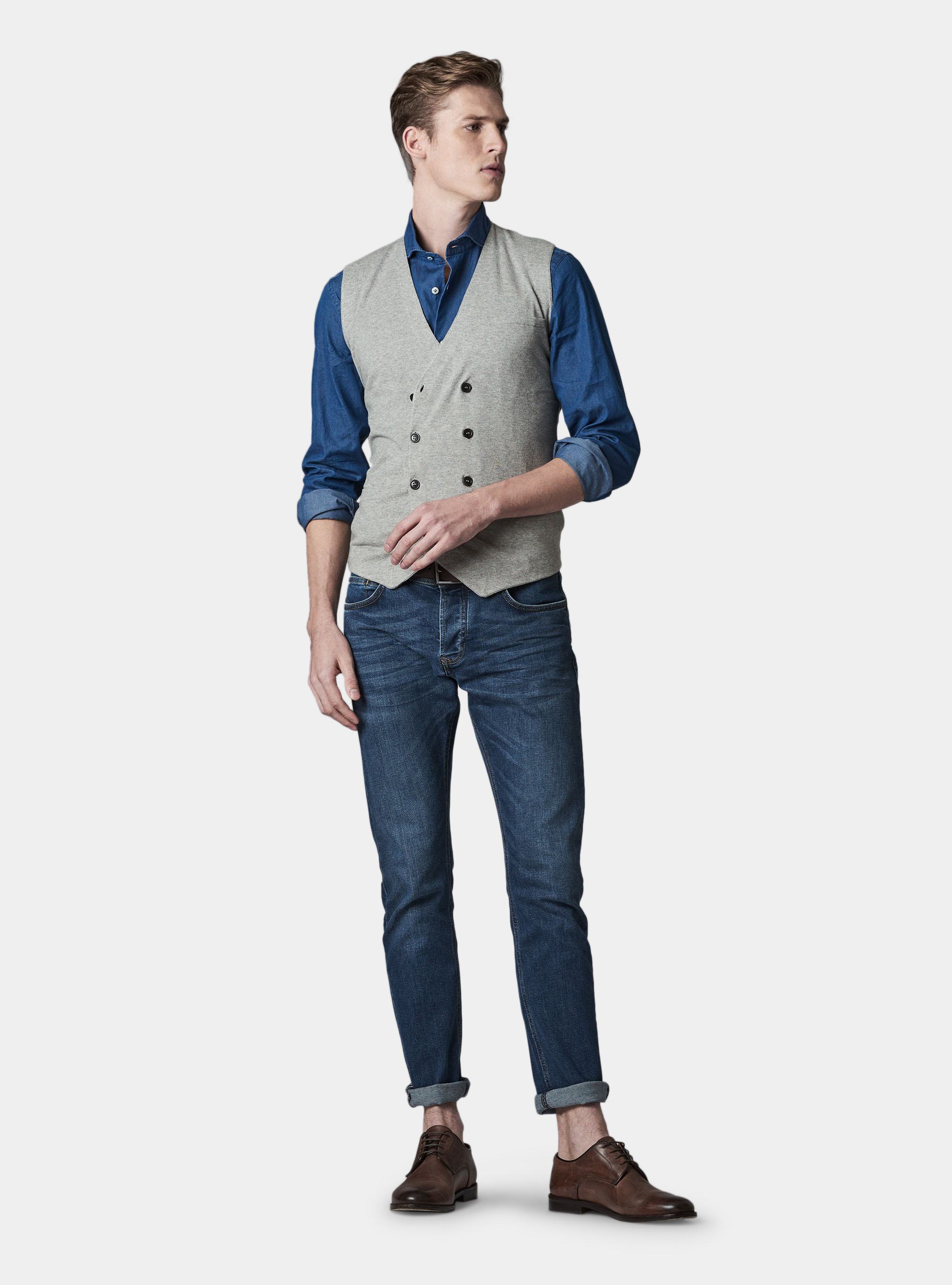 Gilet doppiopetto in cotone seta e cashmere, GRIGIO CHIARO MELANGE