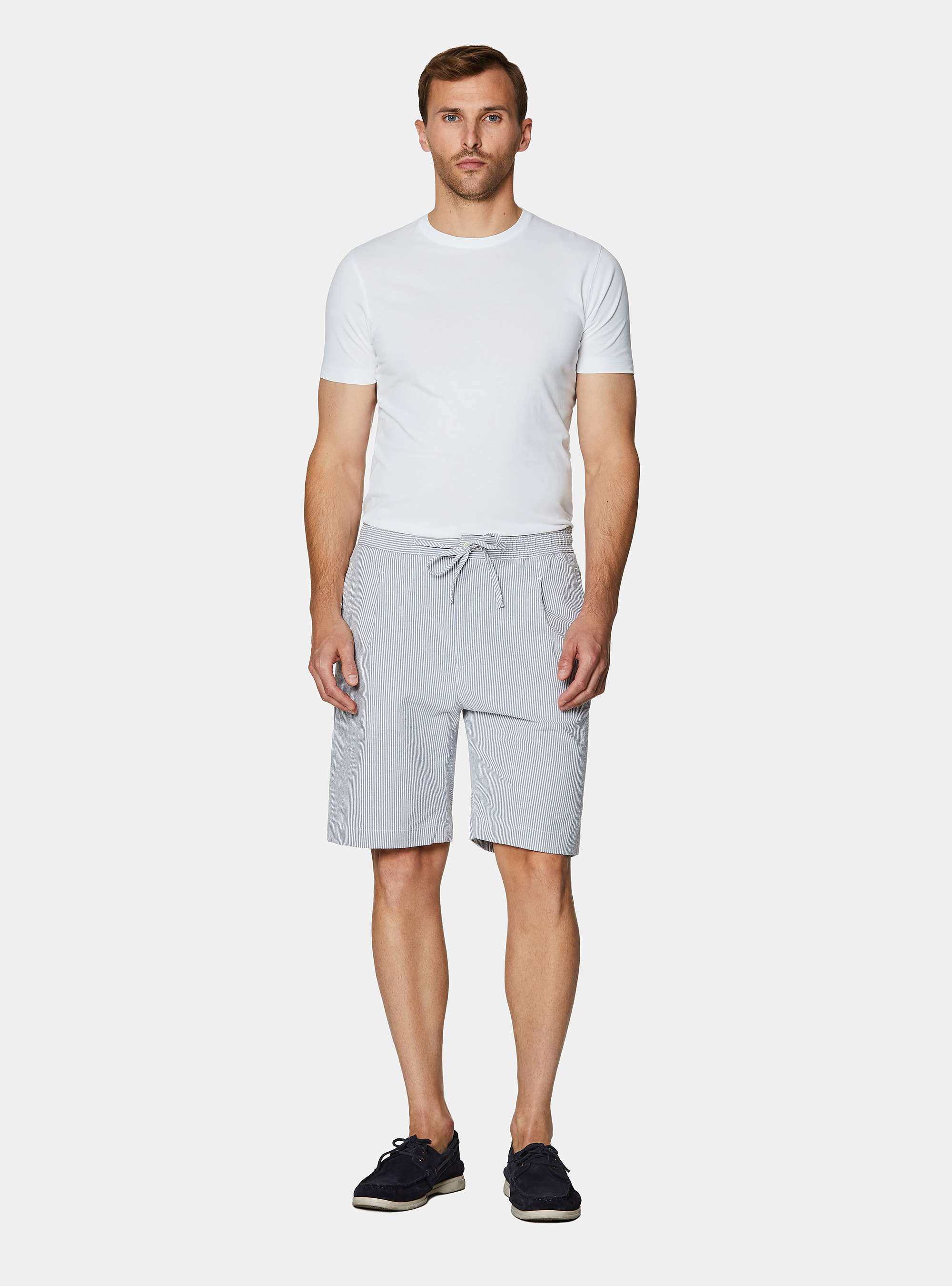 Bermuda con laccetto misto cotone seersucker, BLUE