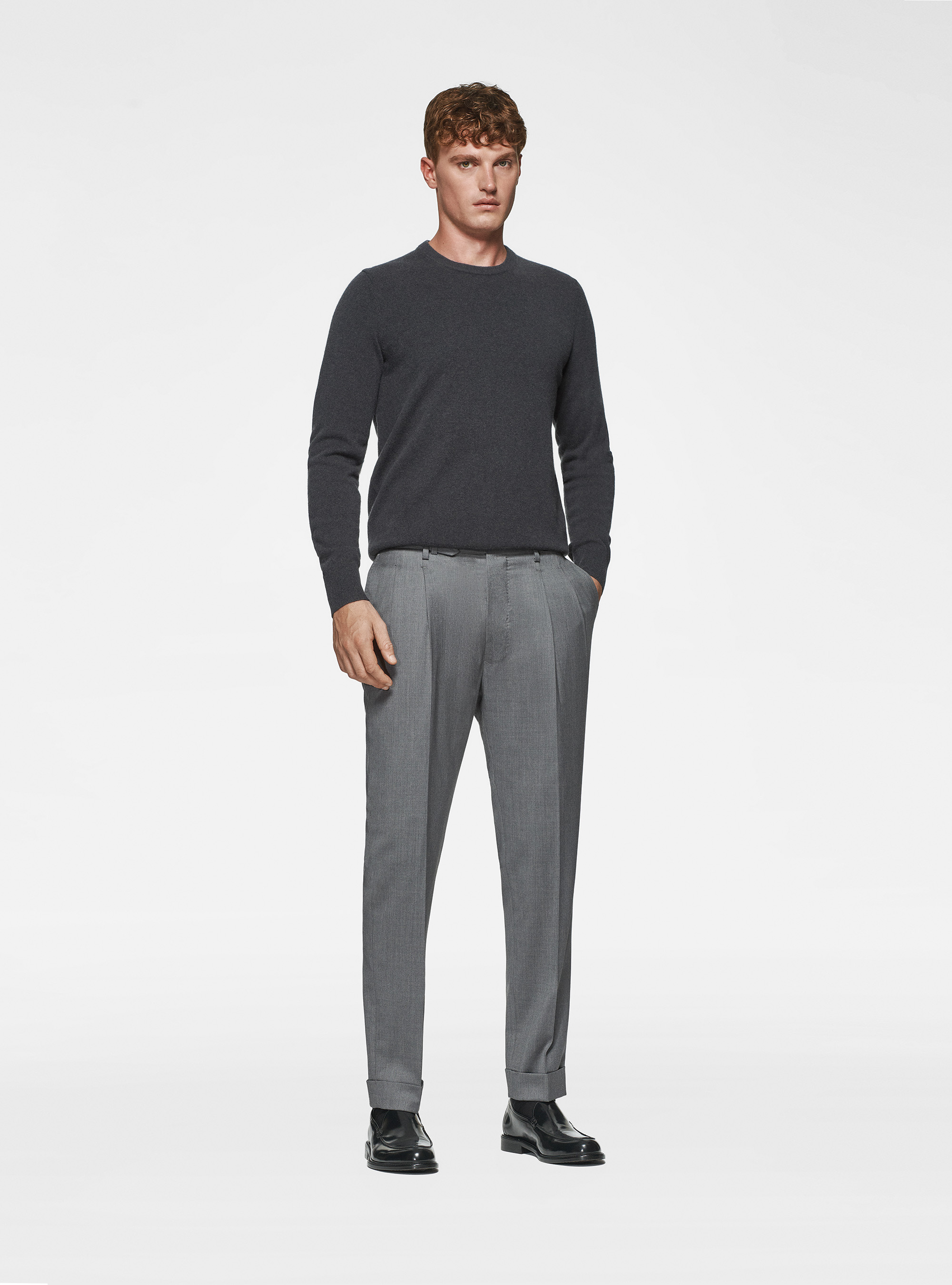 Maglia girocollo in lambswool e cashmere, ASFALTO