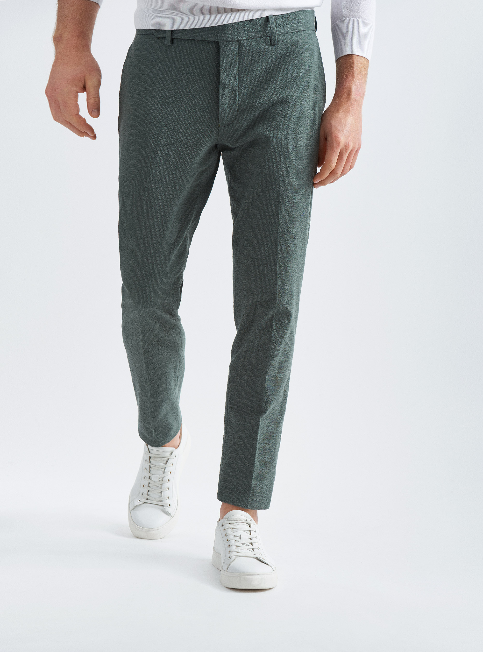 Pantaloni per abito seersucker in cotone stretch, 0609C MILITARE