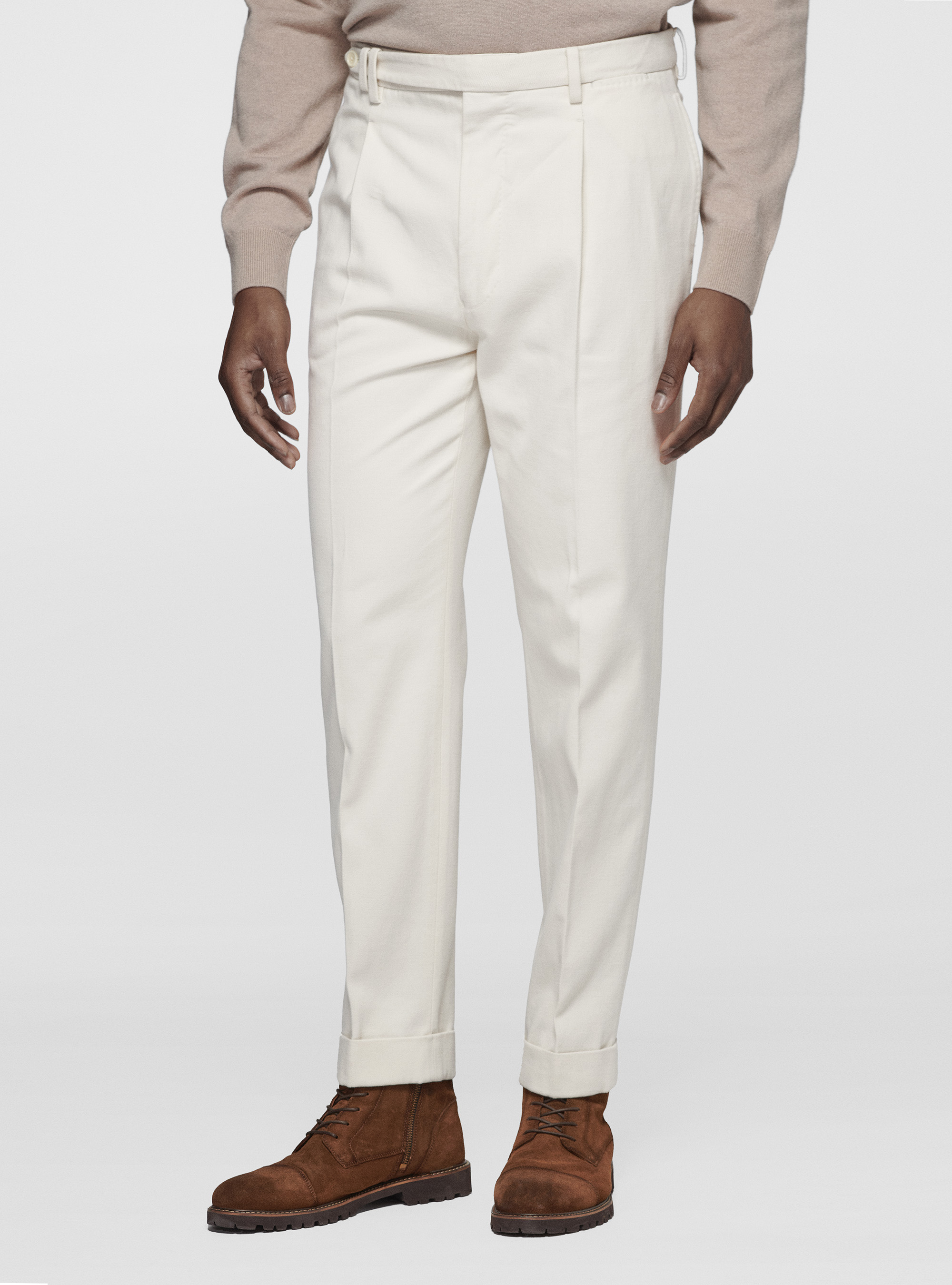 Cotton and cashmere twill pleat trousers, OFF-WHITE