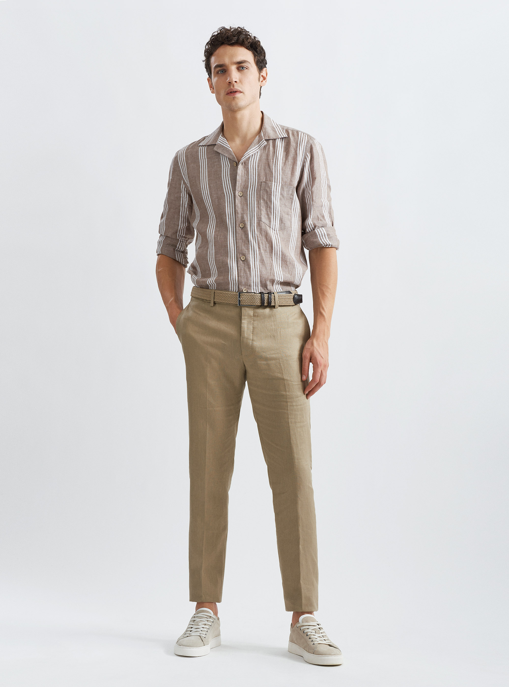 Camicia comfort fit in lino e cotone rigato, MARRONE