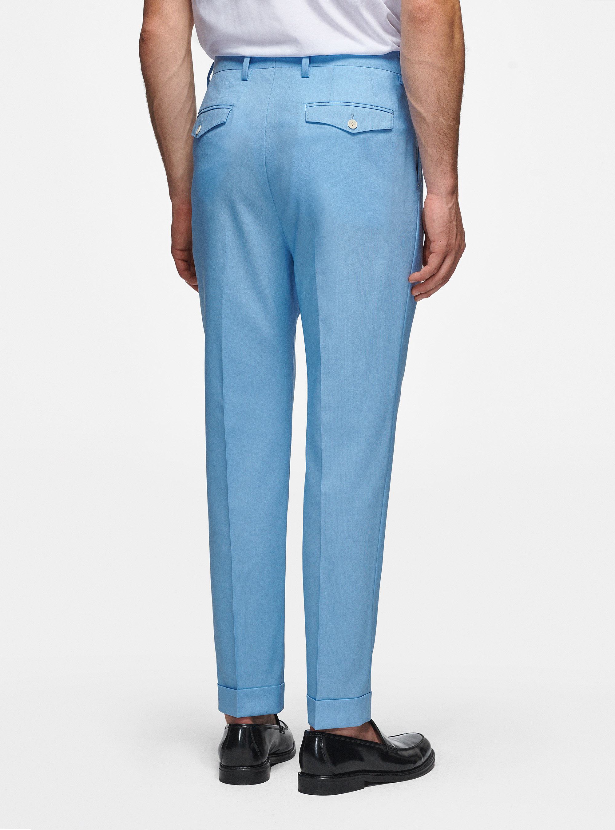 Pantaloni con pince in pura lana, AZZURRO