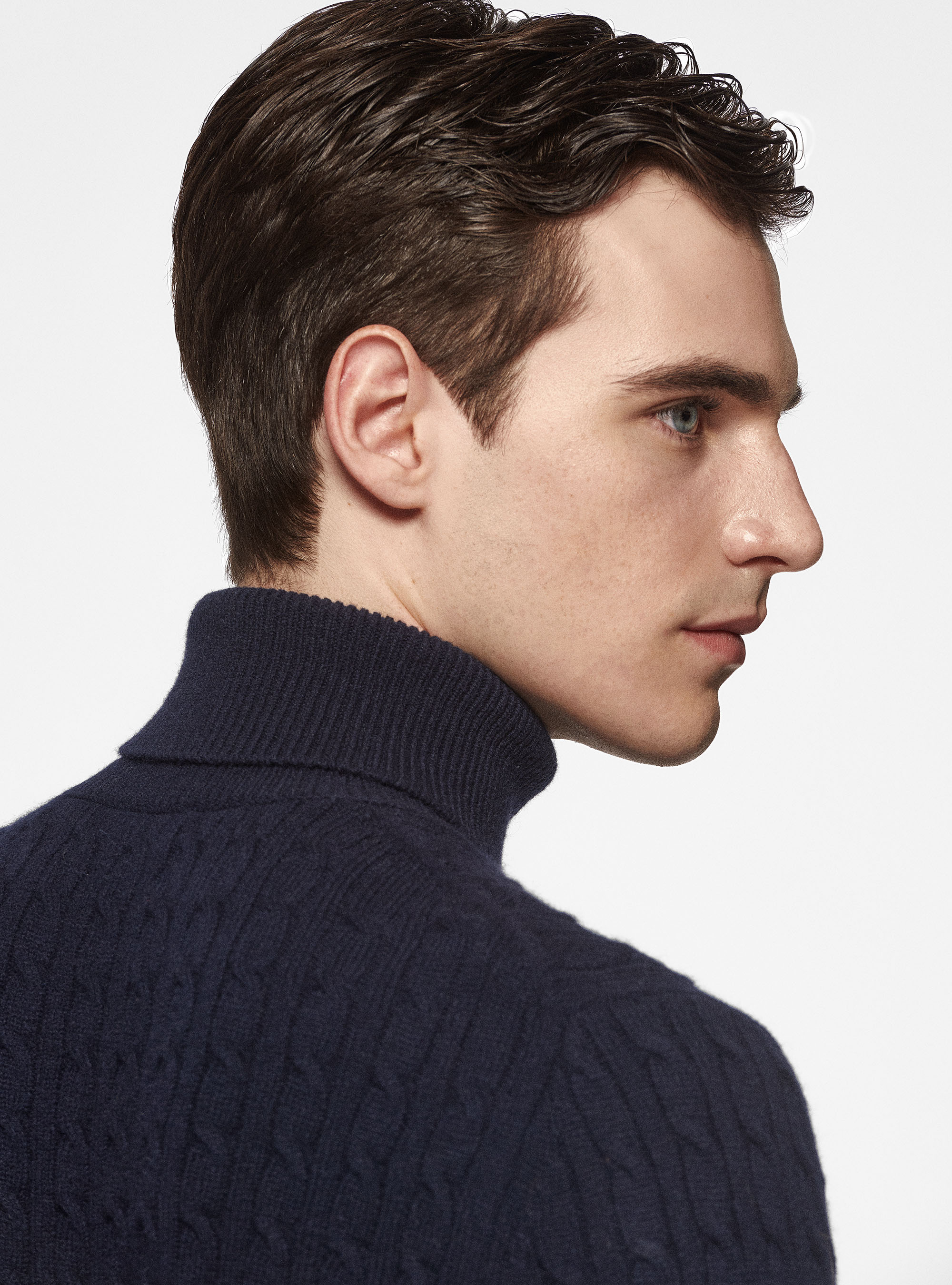 Maglia collo alto in lana cashmere con treccia, BLU NAVY