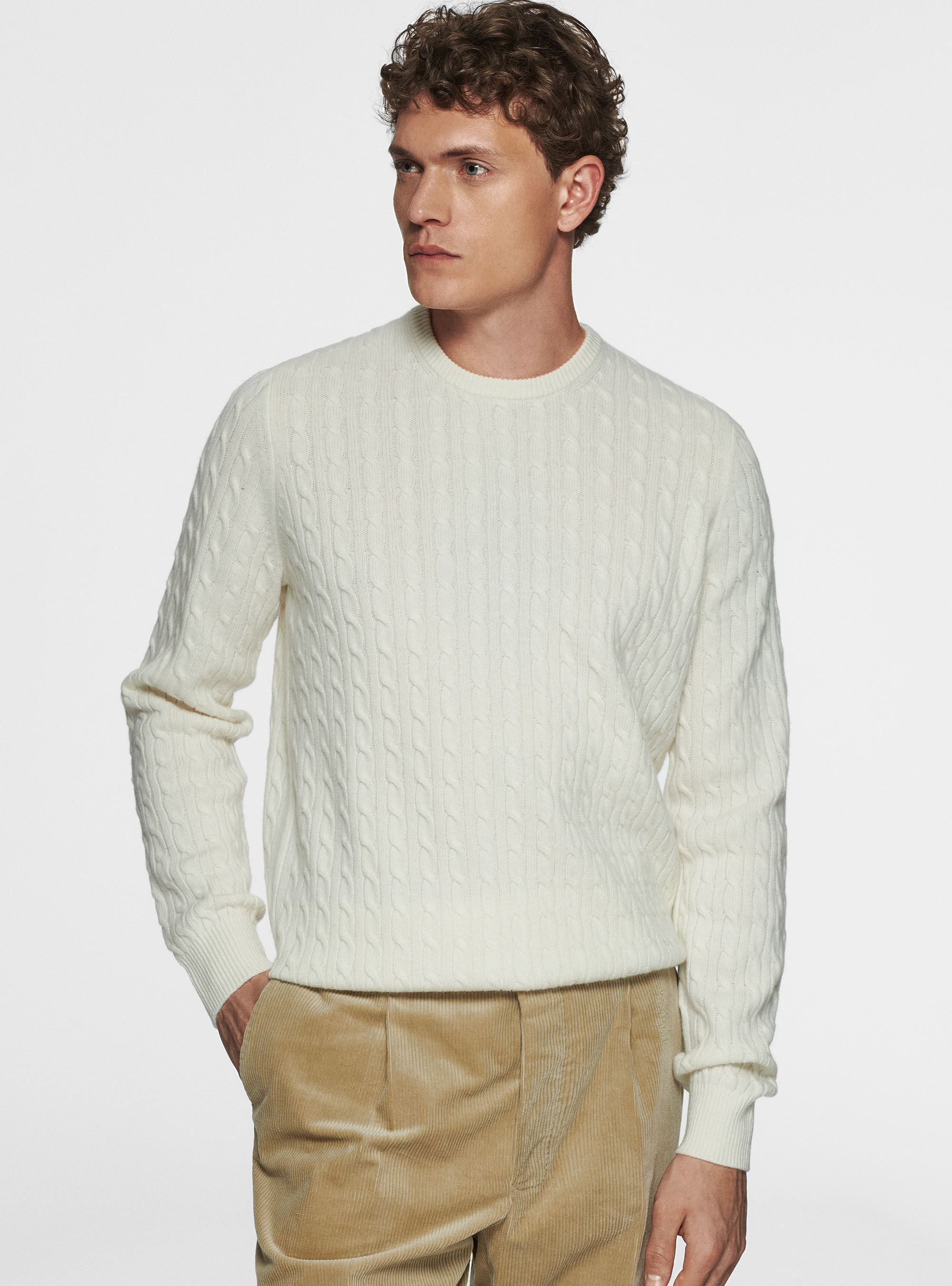 Maglia girocollo con treccia in lana e cashmere, BIANCO