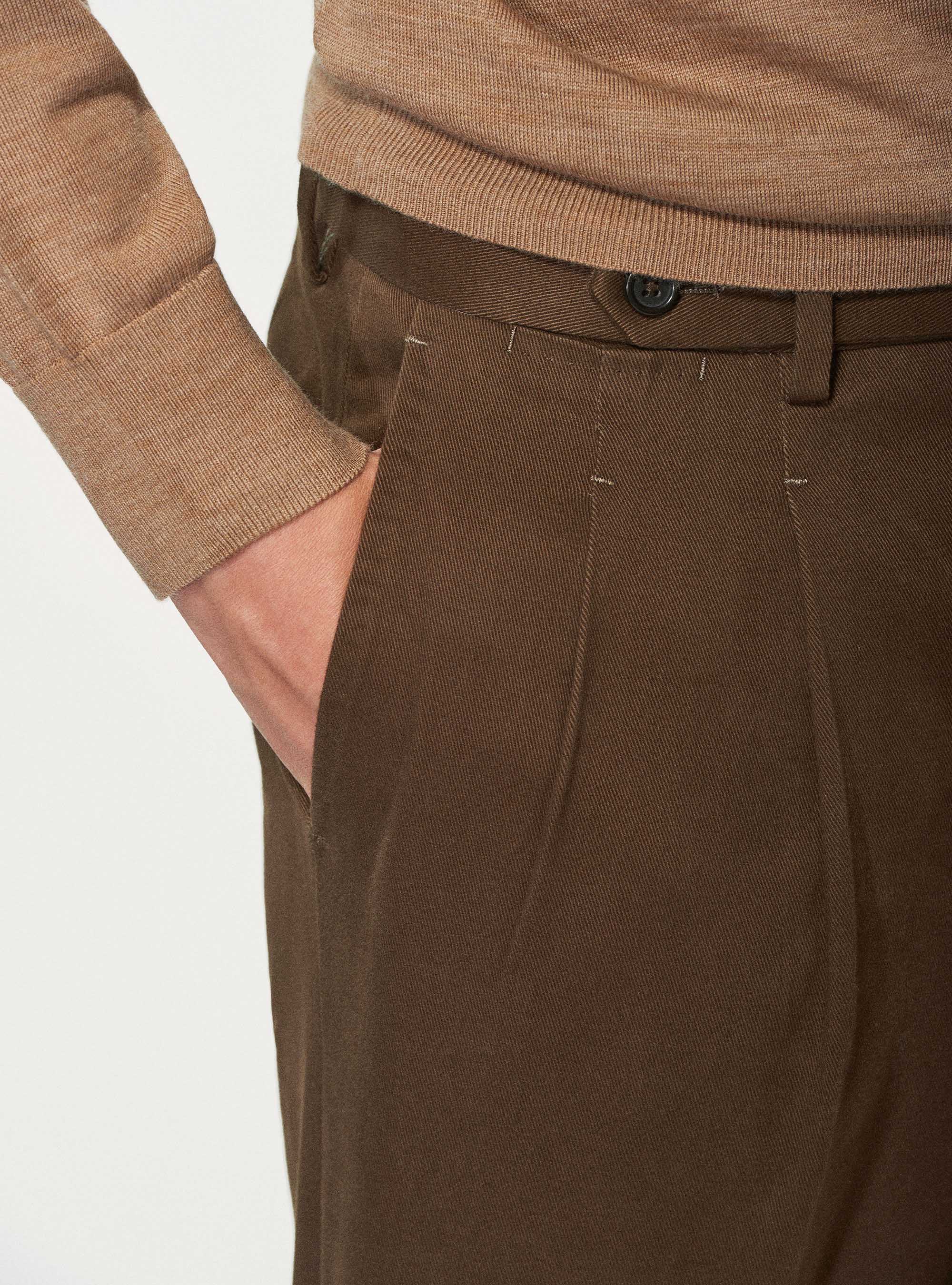 Pantaloni doppia pince in cotone smerigliato, MARRONE