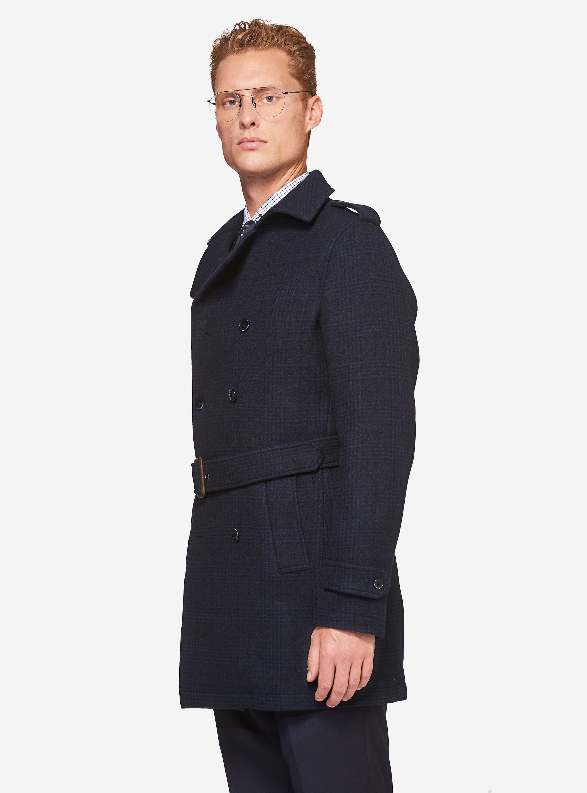 Trench doppiopetto in lana cashmere, BLU NAVY