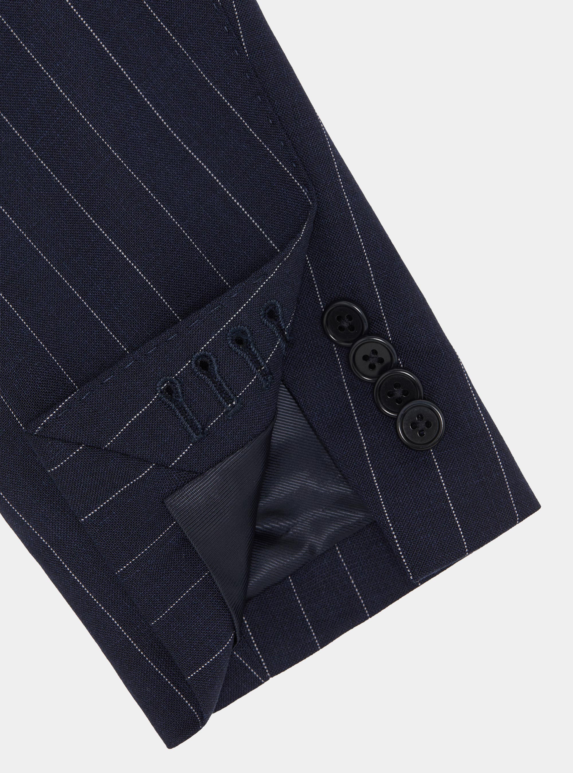 Double-breasted pinstriped wool suit blazer, NAVY BLUE