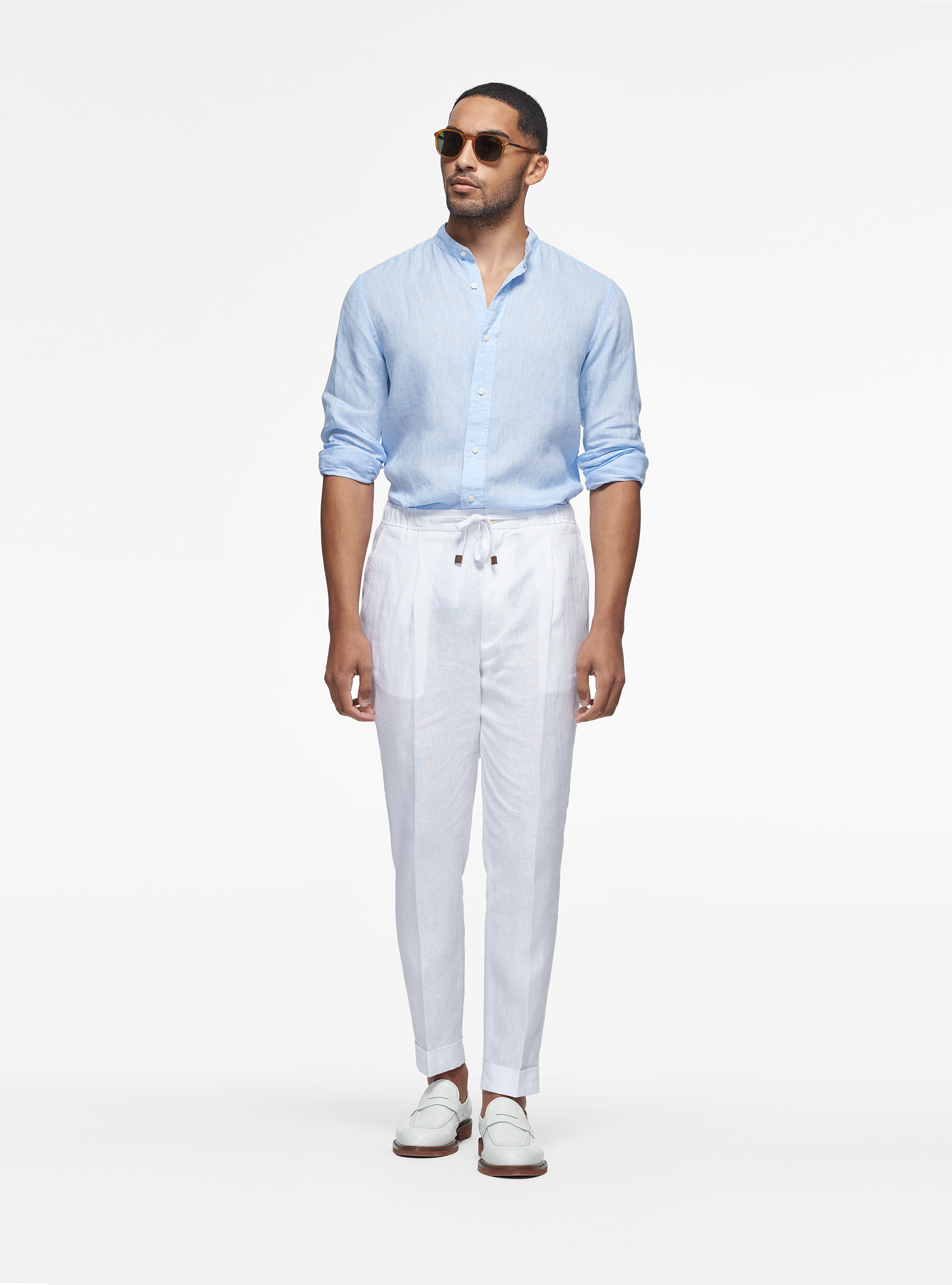 Pure linen trousers with drawstring, WHITE