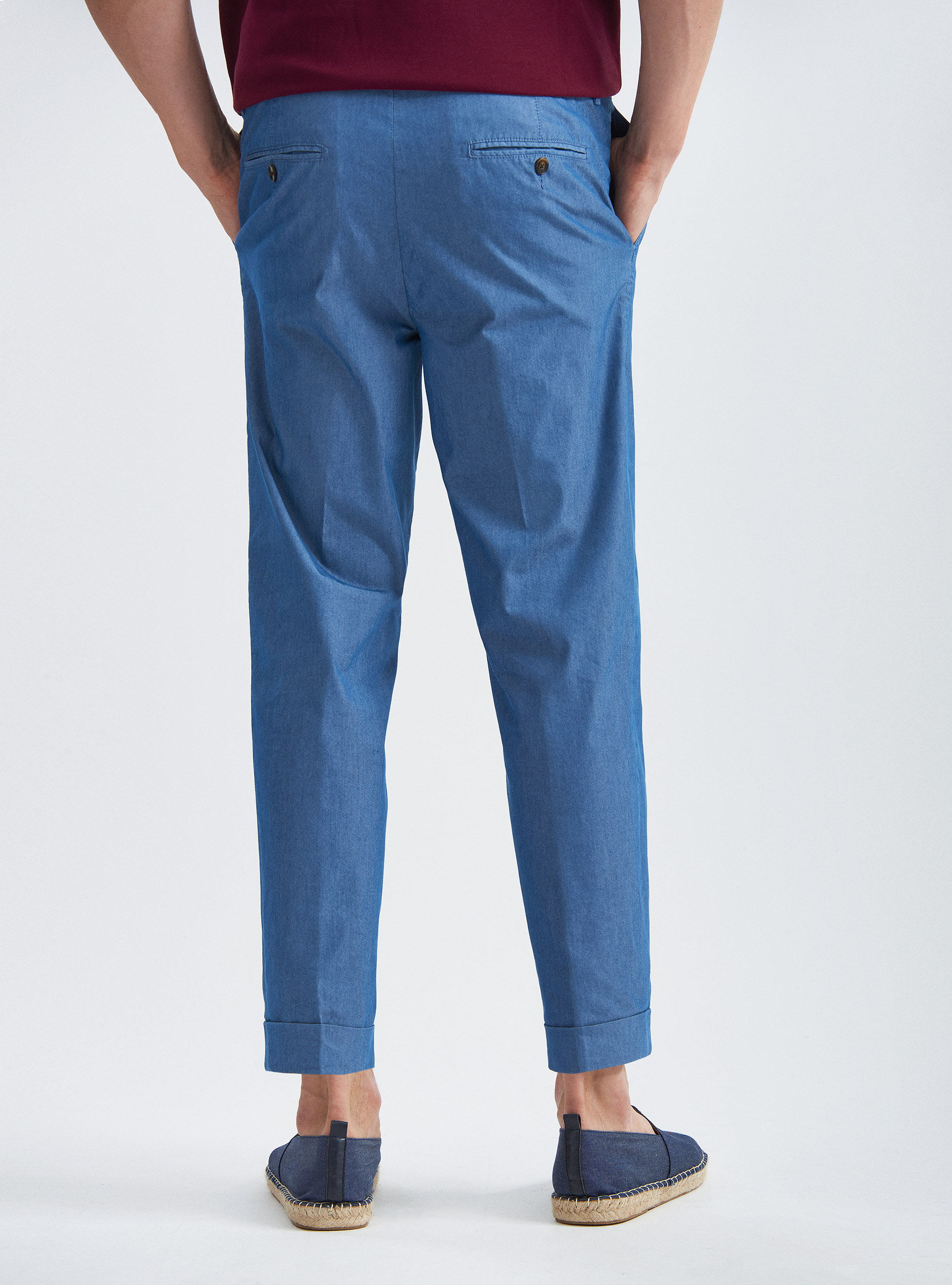 Pantalon &agrave; double plis en coton twill, BLEU