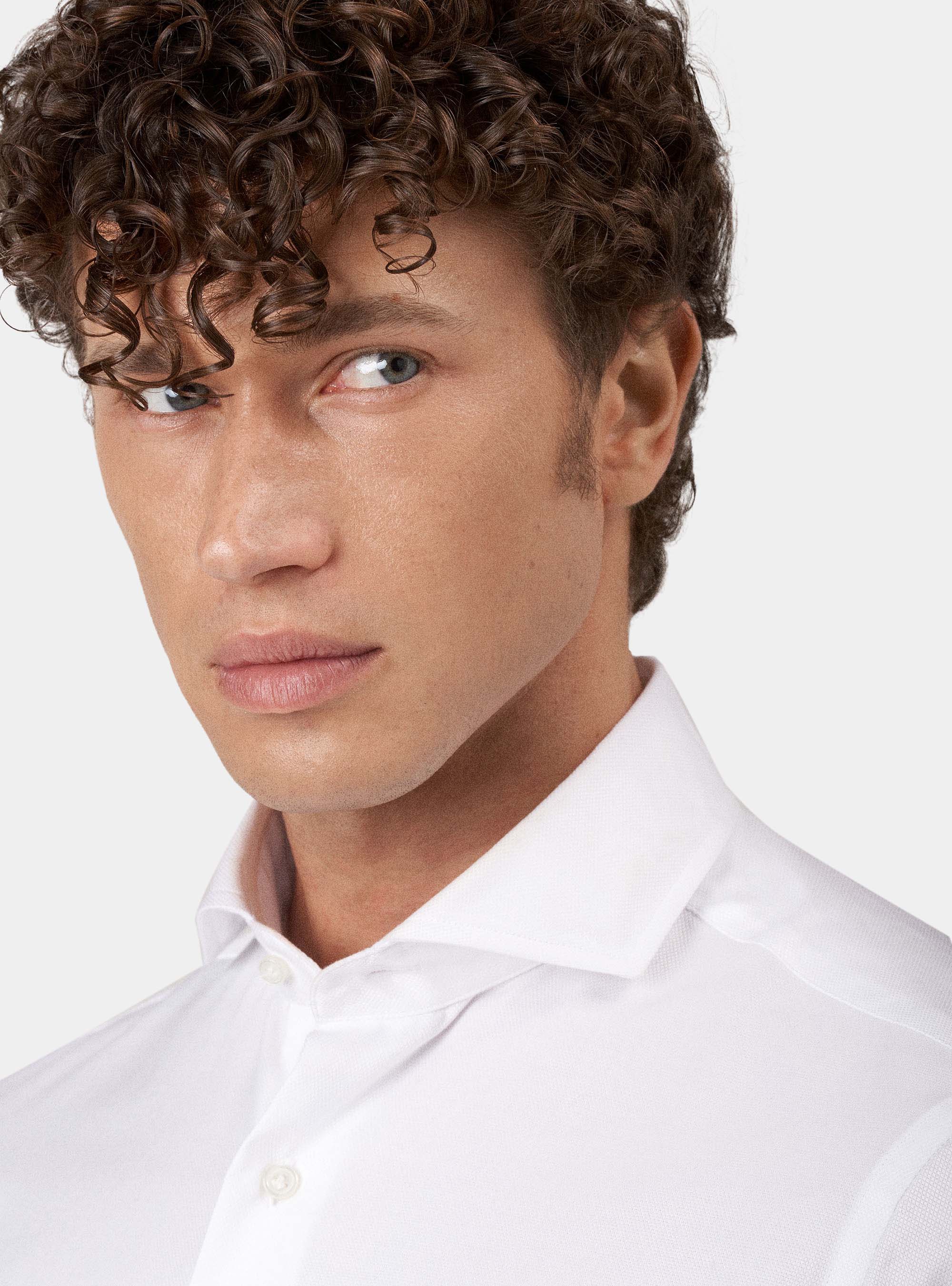 Camicia collo francese in cotone stretch armaturato, BIANCO