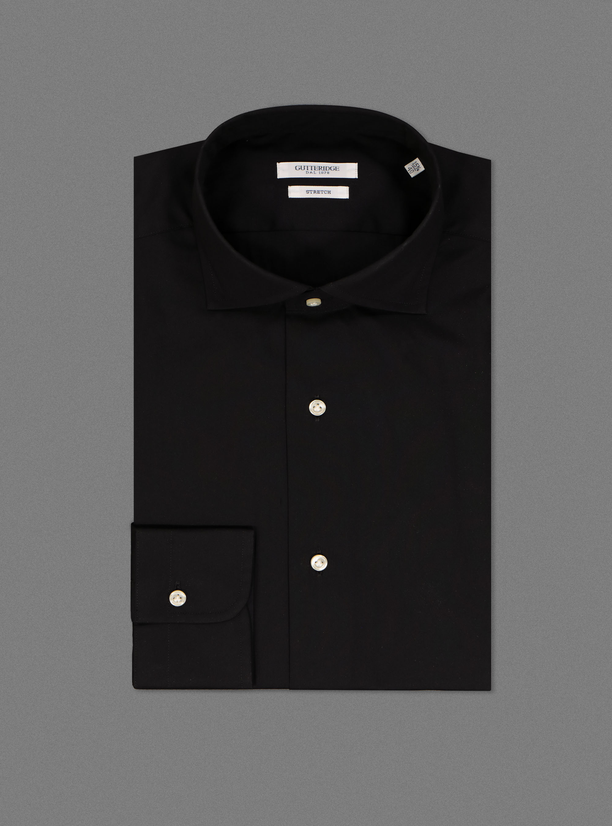 Camicia collo semiaperto in popeline stretch, NERO