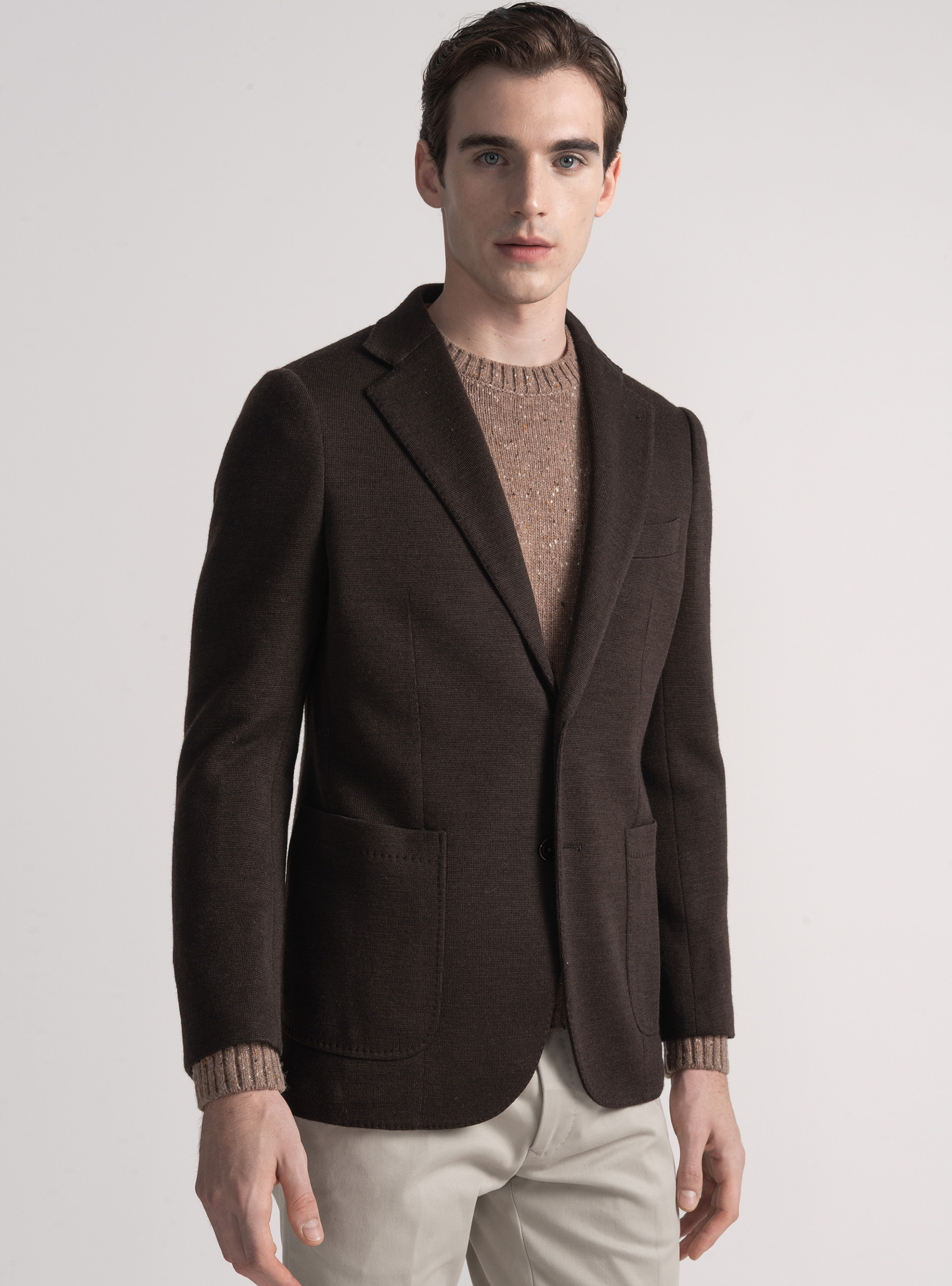 Giacca jersey in lana e cotone, MARRONE