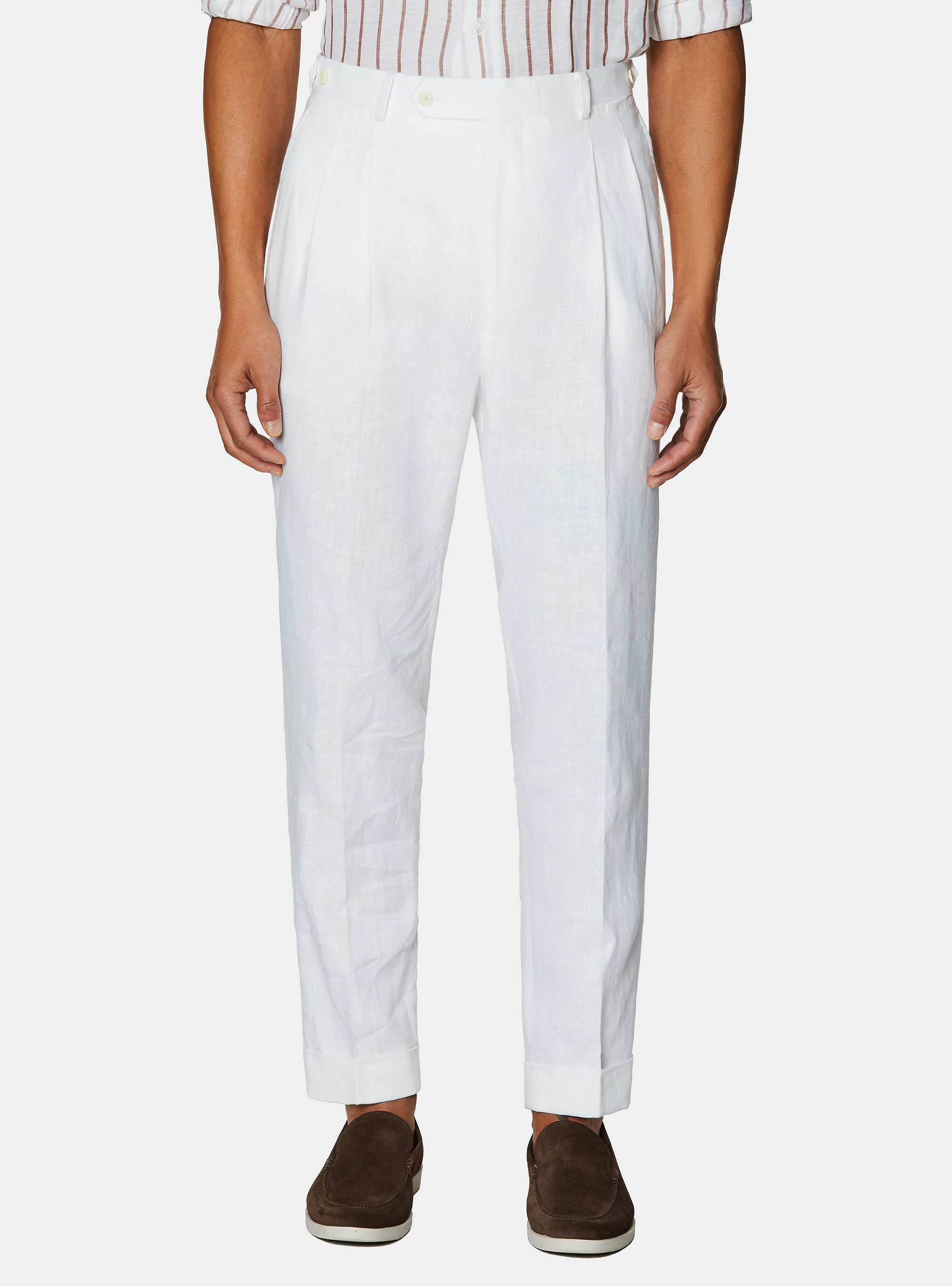 Pantaloni con pince in puro lino, BIANCO