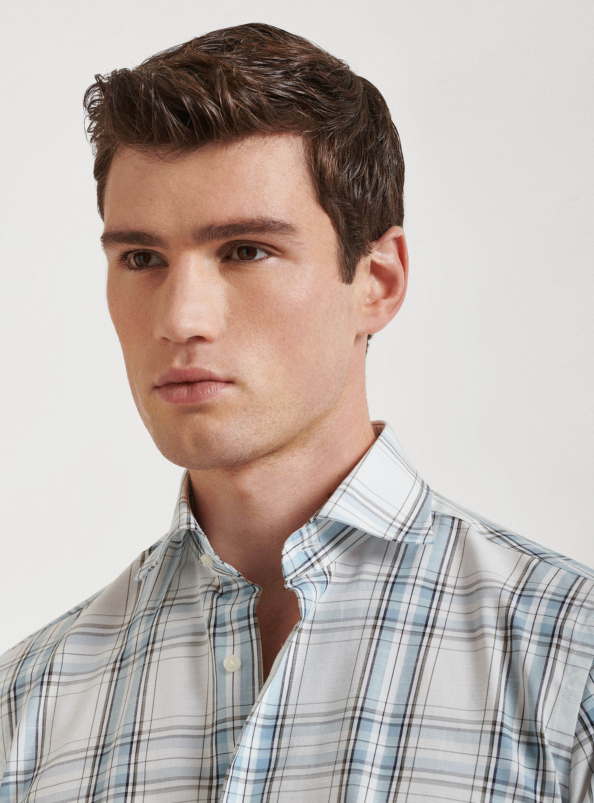 Camicia collo semi francese in puro cotone a quadri, AZZURRO