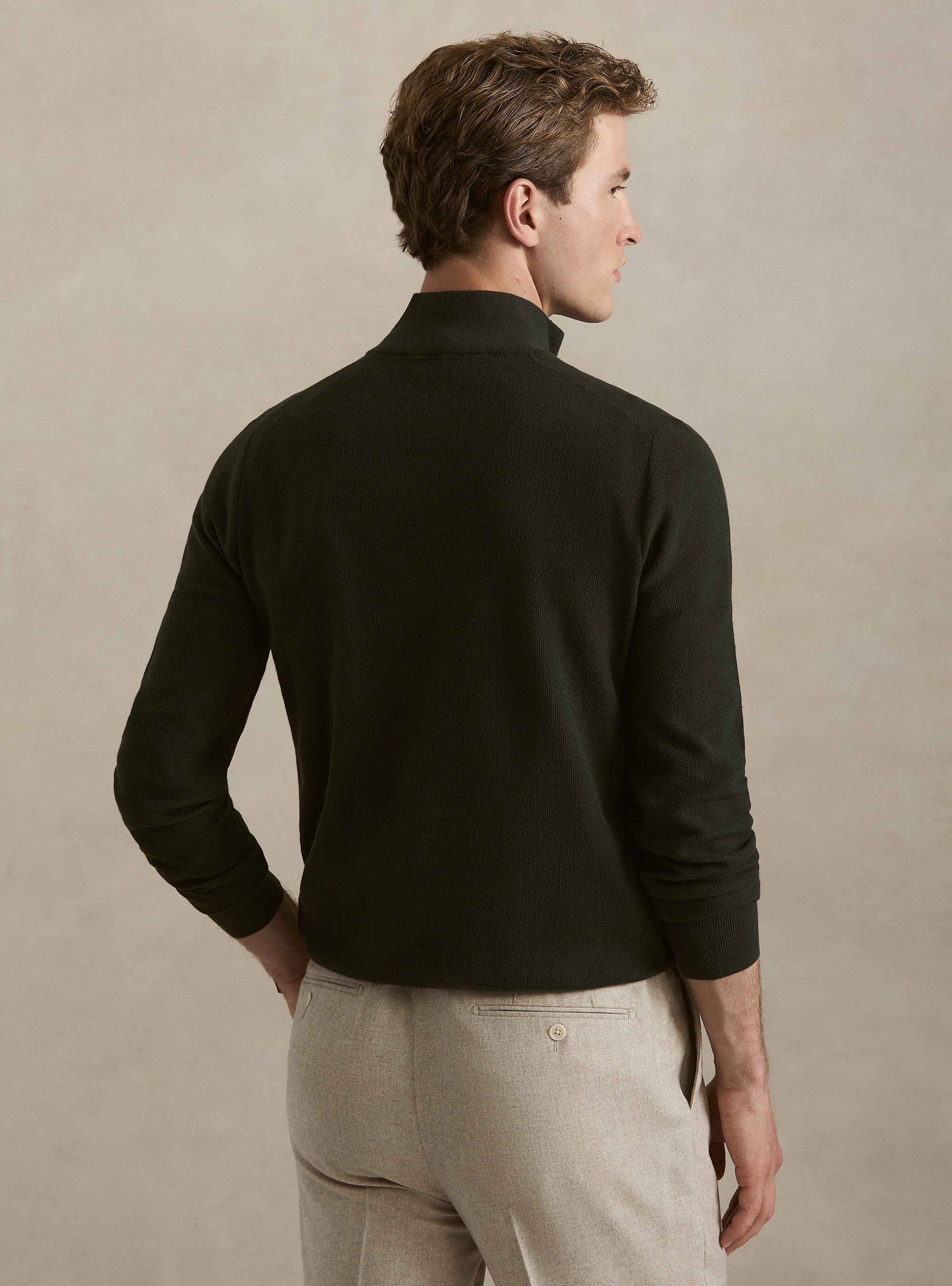 Maglia con mezza zip nido d'ape in cotone cashmere, MILITARE 0609C