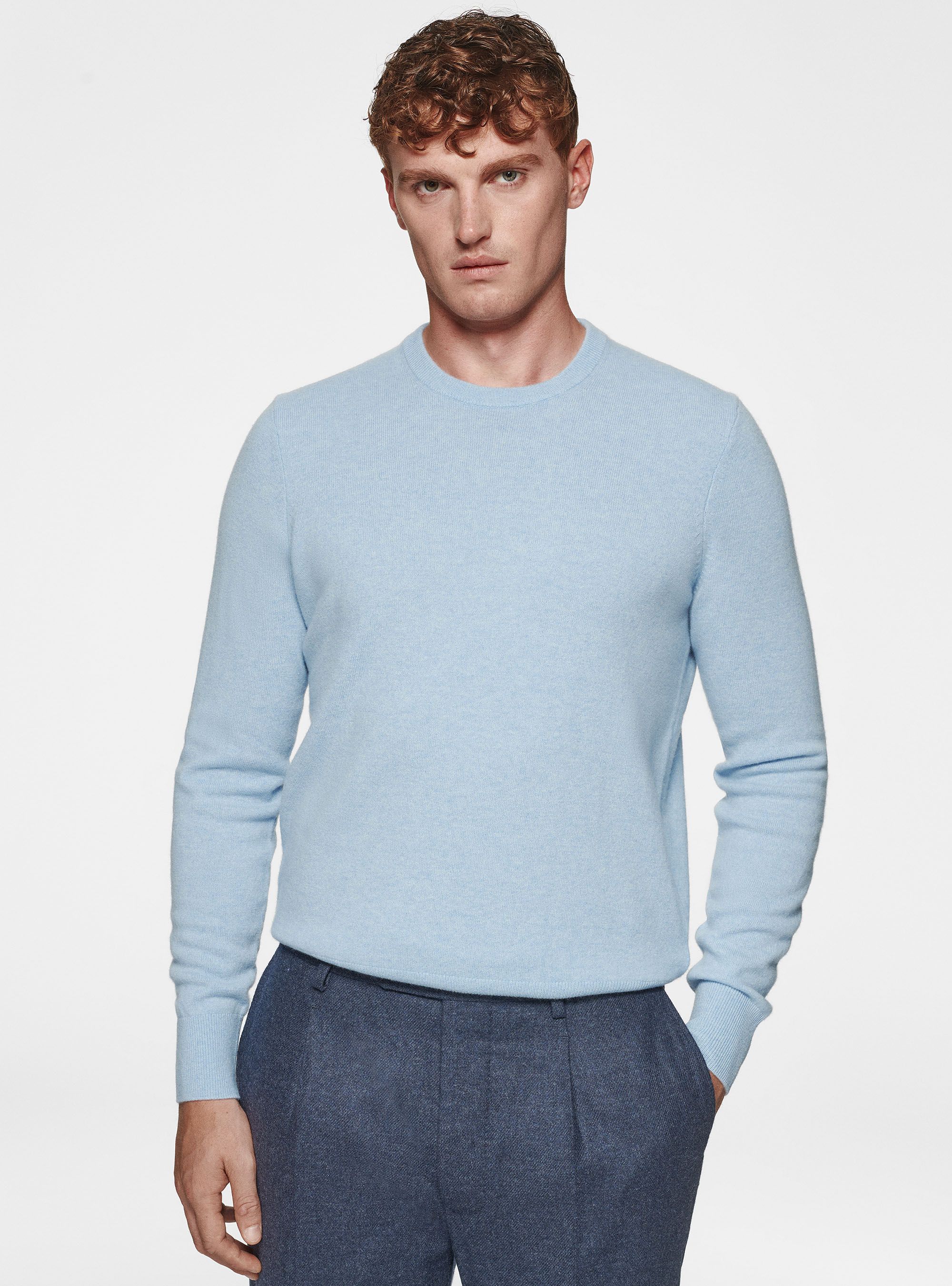 Maglia girocollo in lambswool e cashmere, AZZURRO POLVERE 0283C