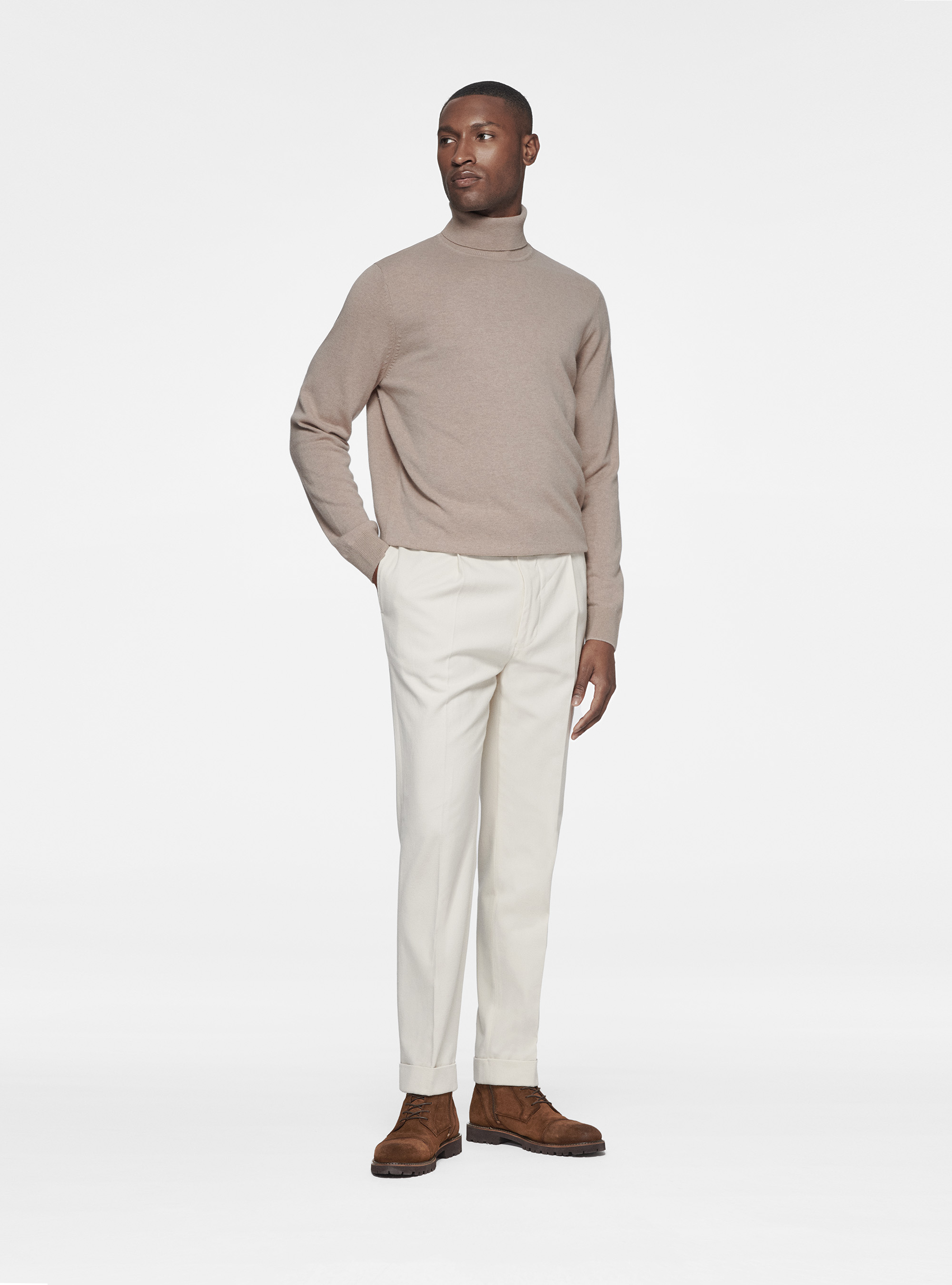 Cotton and cashmere twill pleat trousers, OFF-WHITE