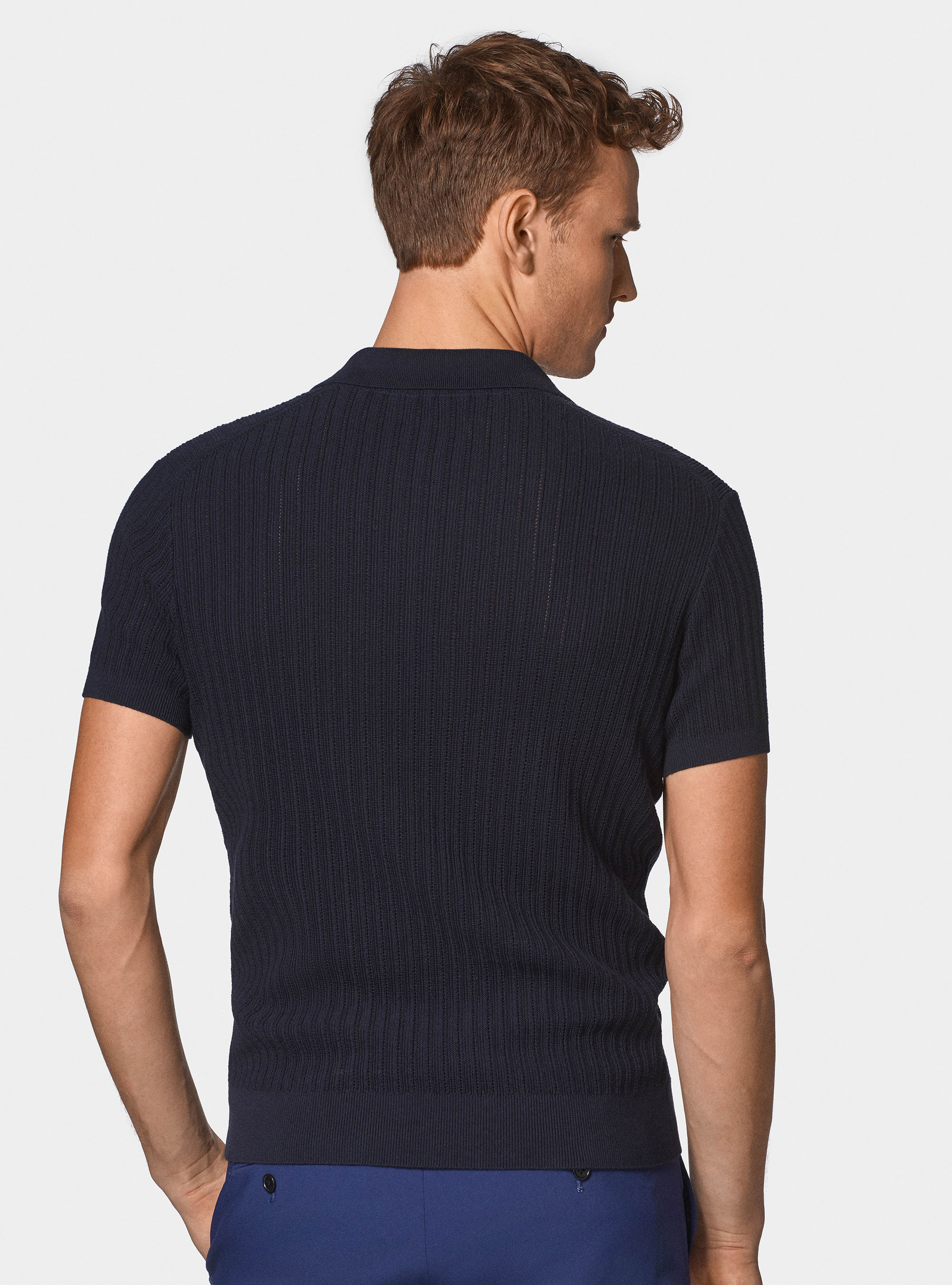 Perforated knit polo shirt without buttons in extra-fine cotton, NAVY BLUE