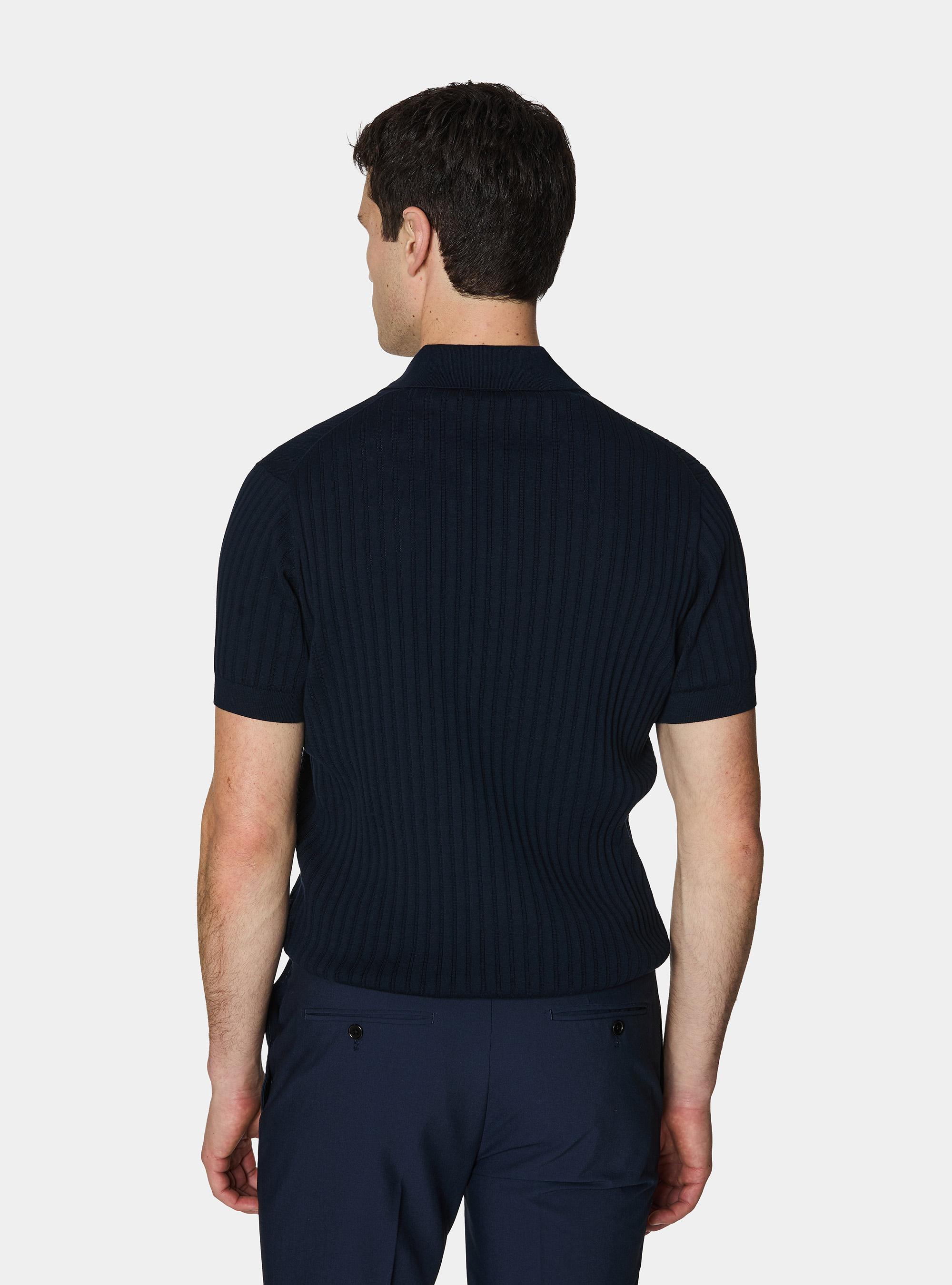 Extra-fine cotton knit polo shirt with openwork ribbing, NAVY BLUE