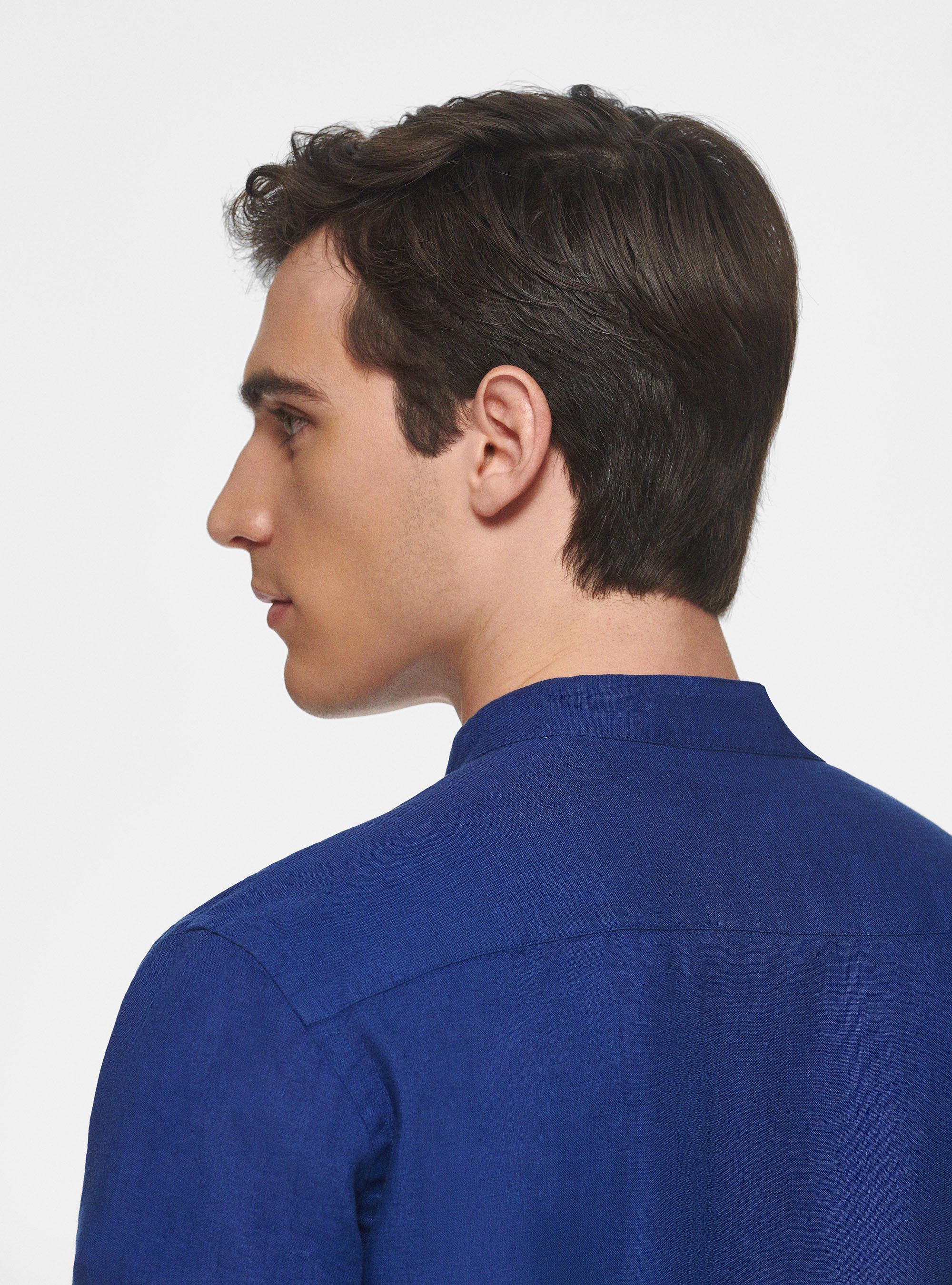 Camisa coreana en puro lino, AZUL MEDIO