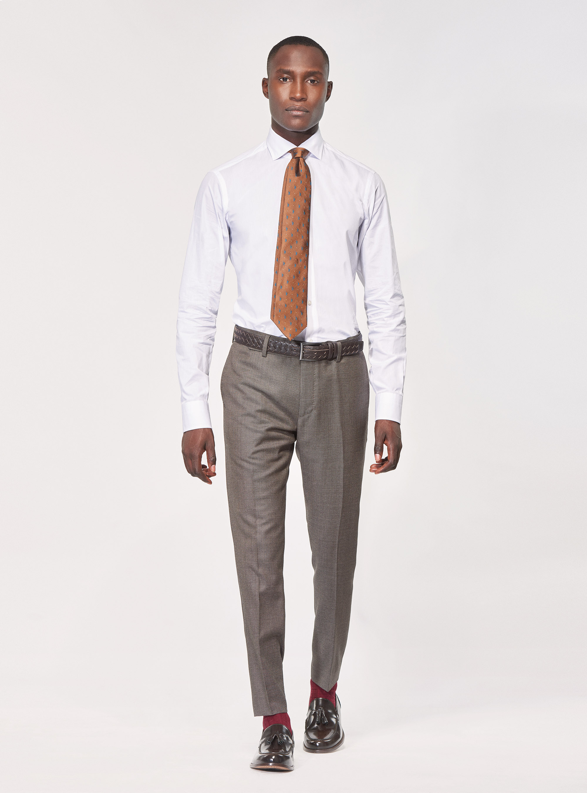 Camicia in fil a fil con collo semi francese, BIANCO