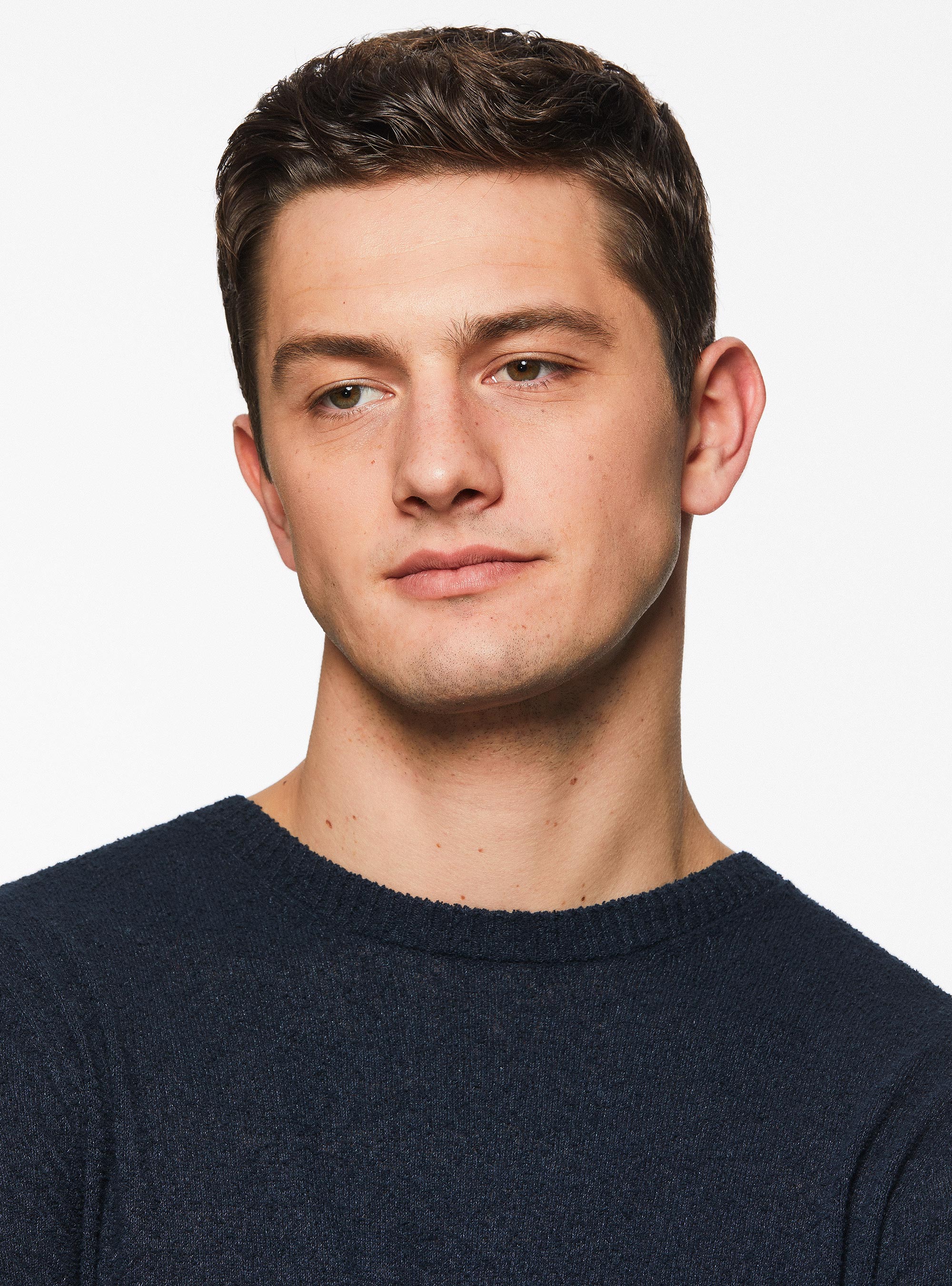 Maglia girocollo in misto cotone bouclè, BLU NAVY