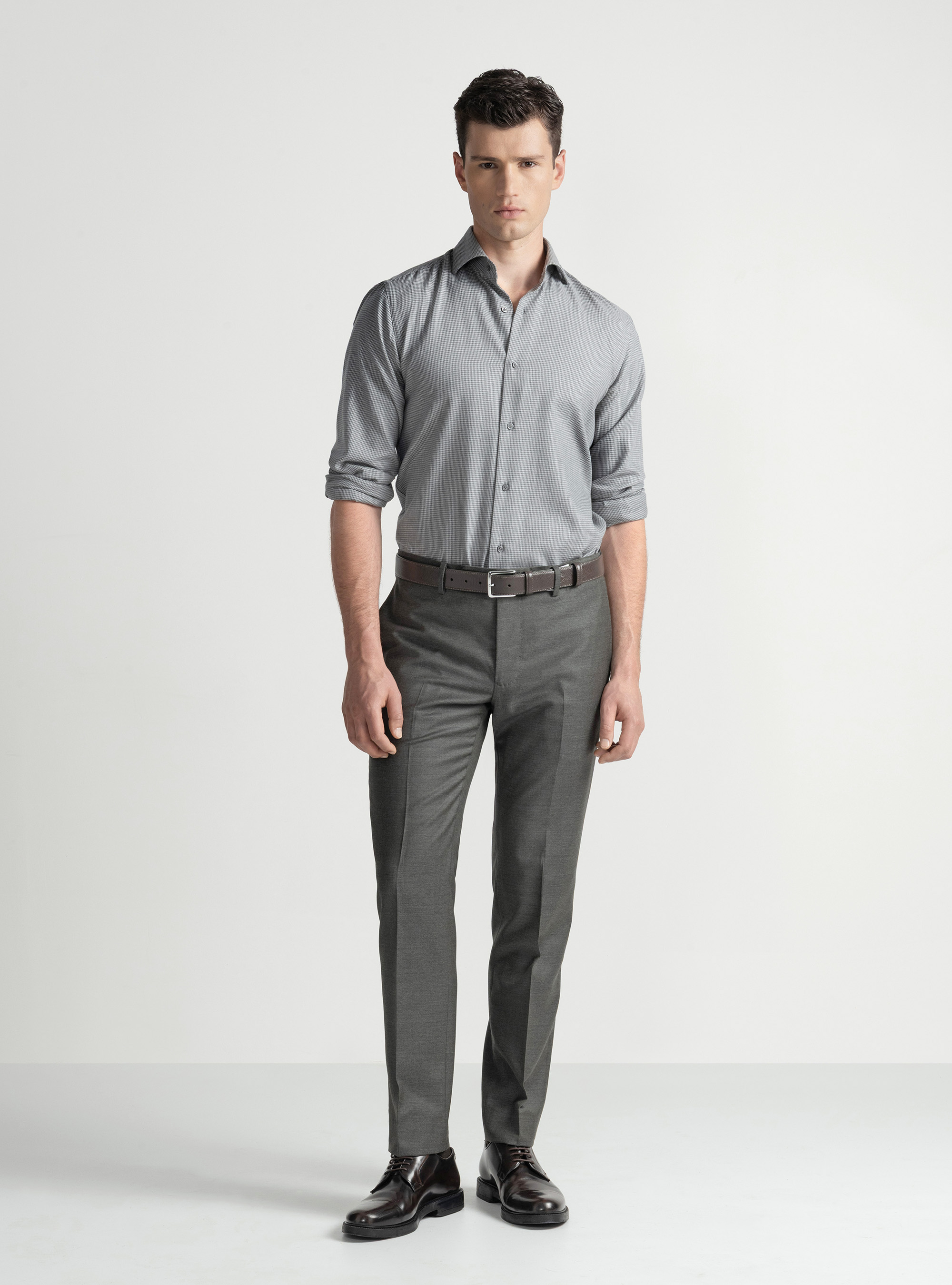 Micro-patterned cotton and wool flannel shirt, GREY