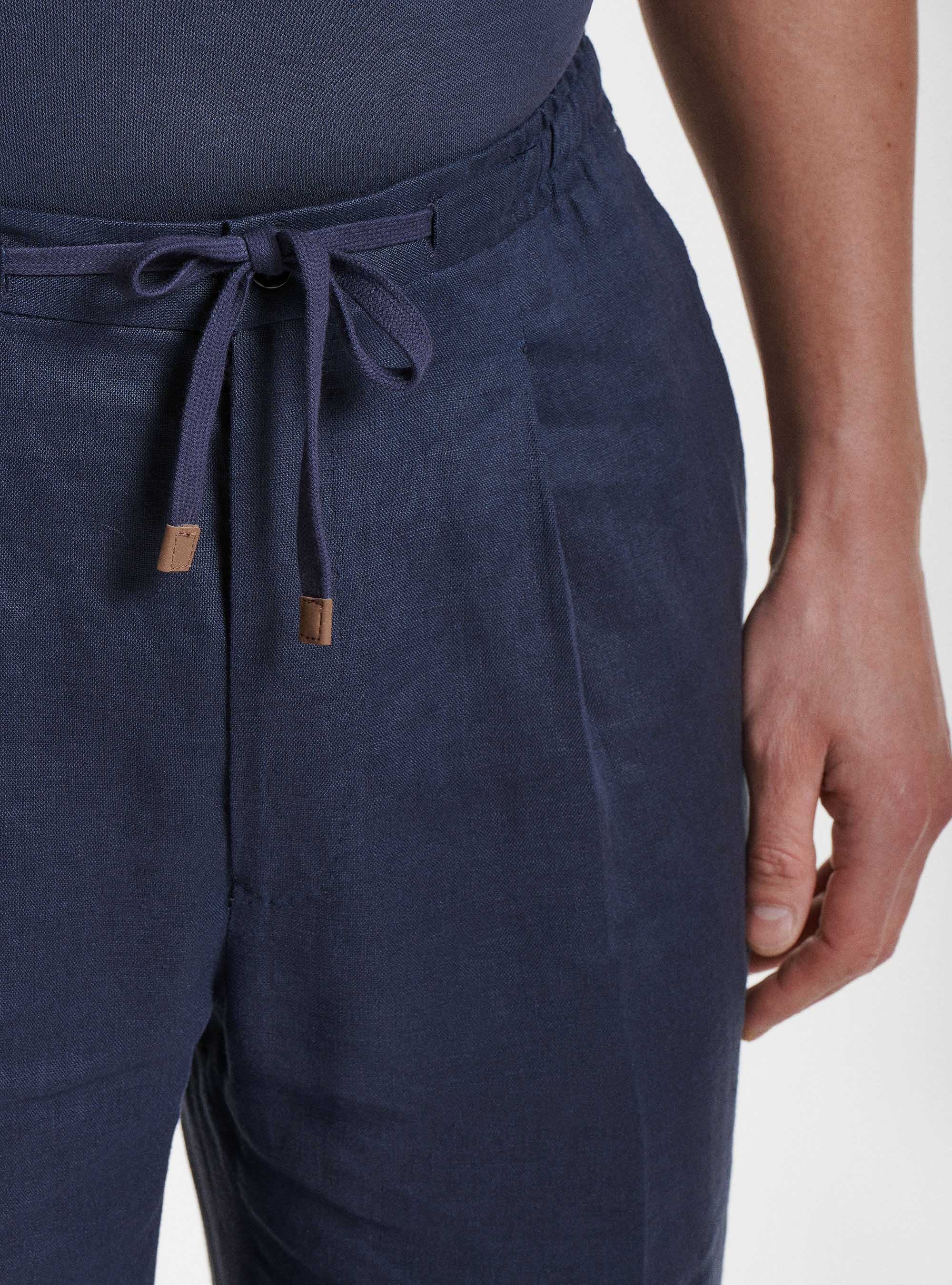 Pure linen pleat and drawstring trousers, NAVY BLUE