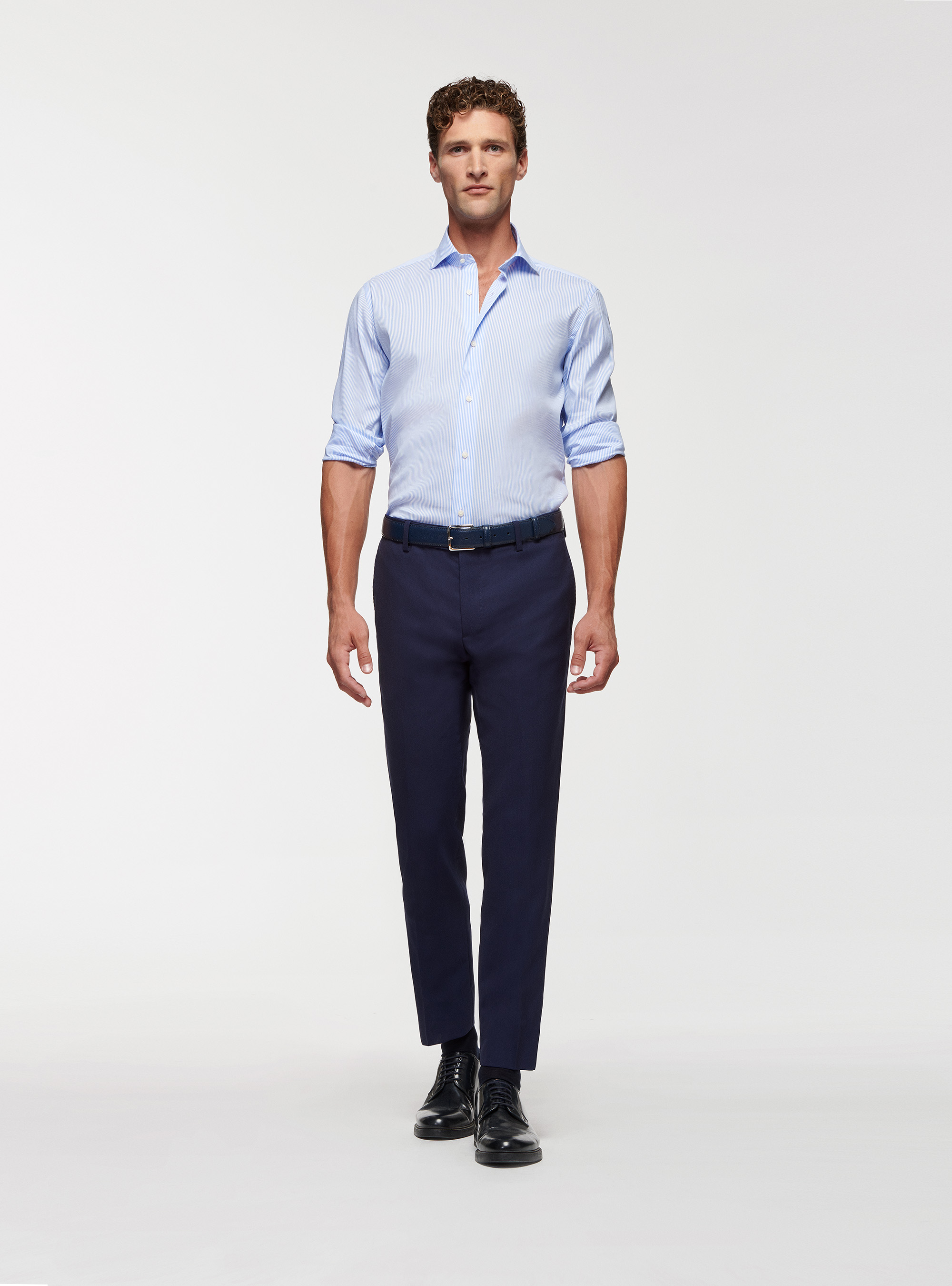 Camicia in popeline stretch rigato, AZZURRO