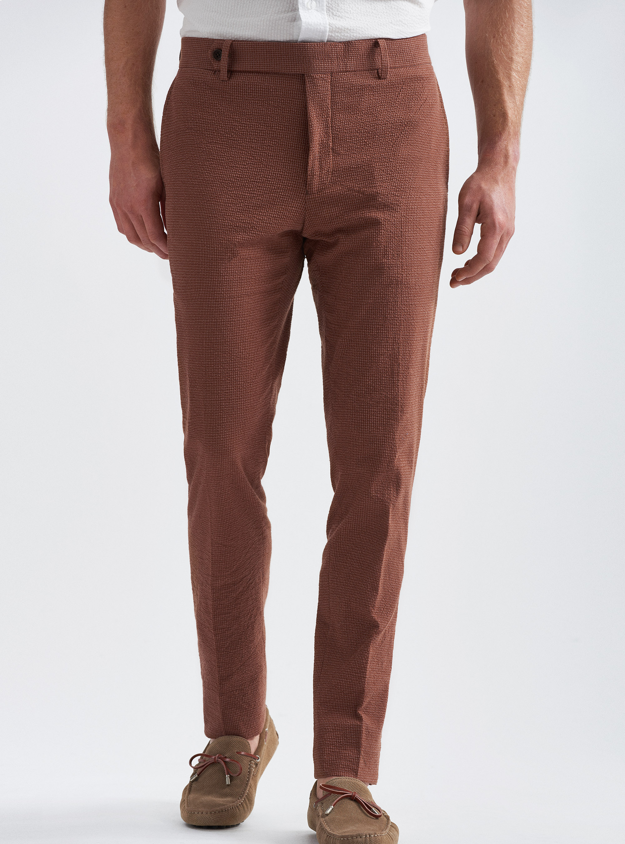 Pantaloni per abito in cotone seersucker, TABACCO