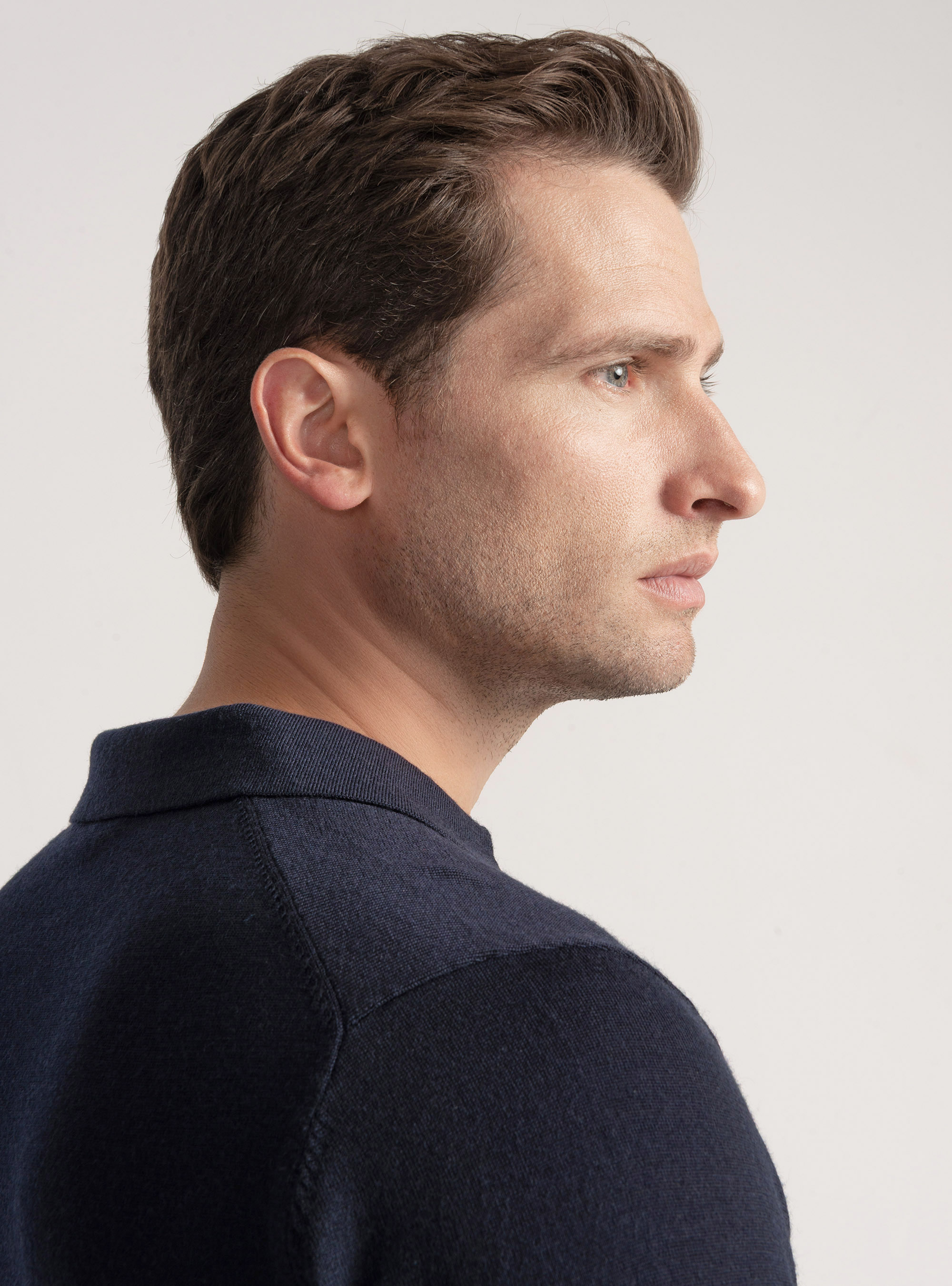 Merino wool buttonless knit polo shirt, NAVY BLUE