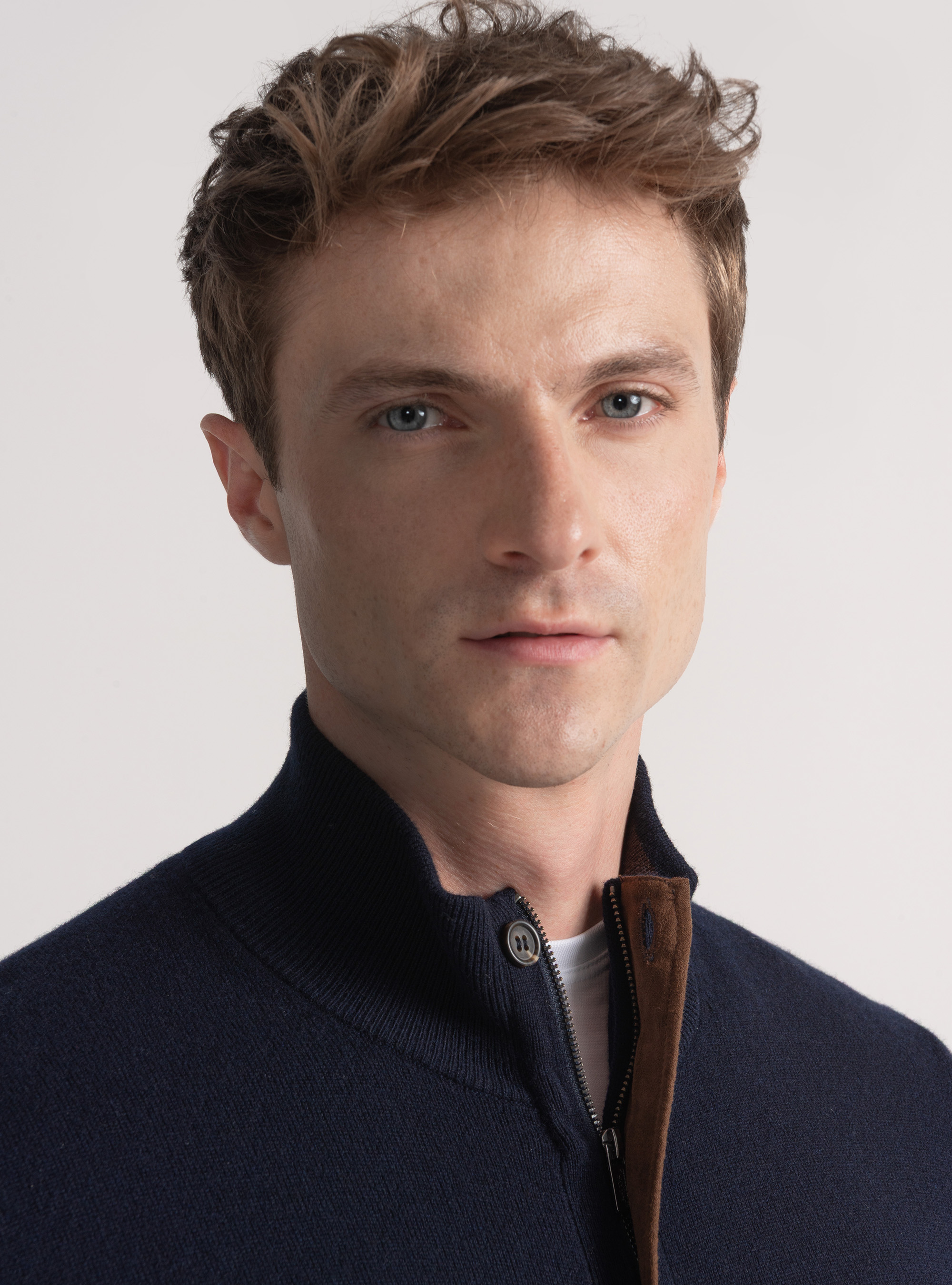 Cardigan in maglia con zip in lana lambswool e cashmere, BLU NAVY