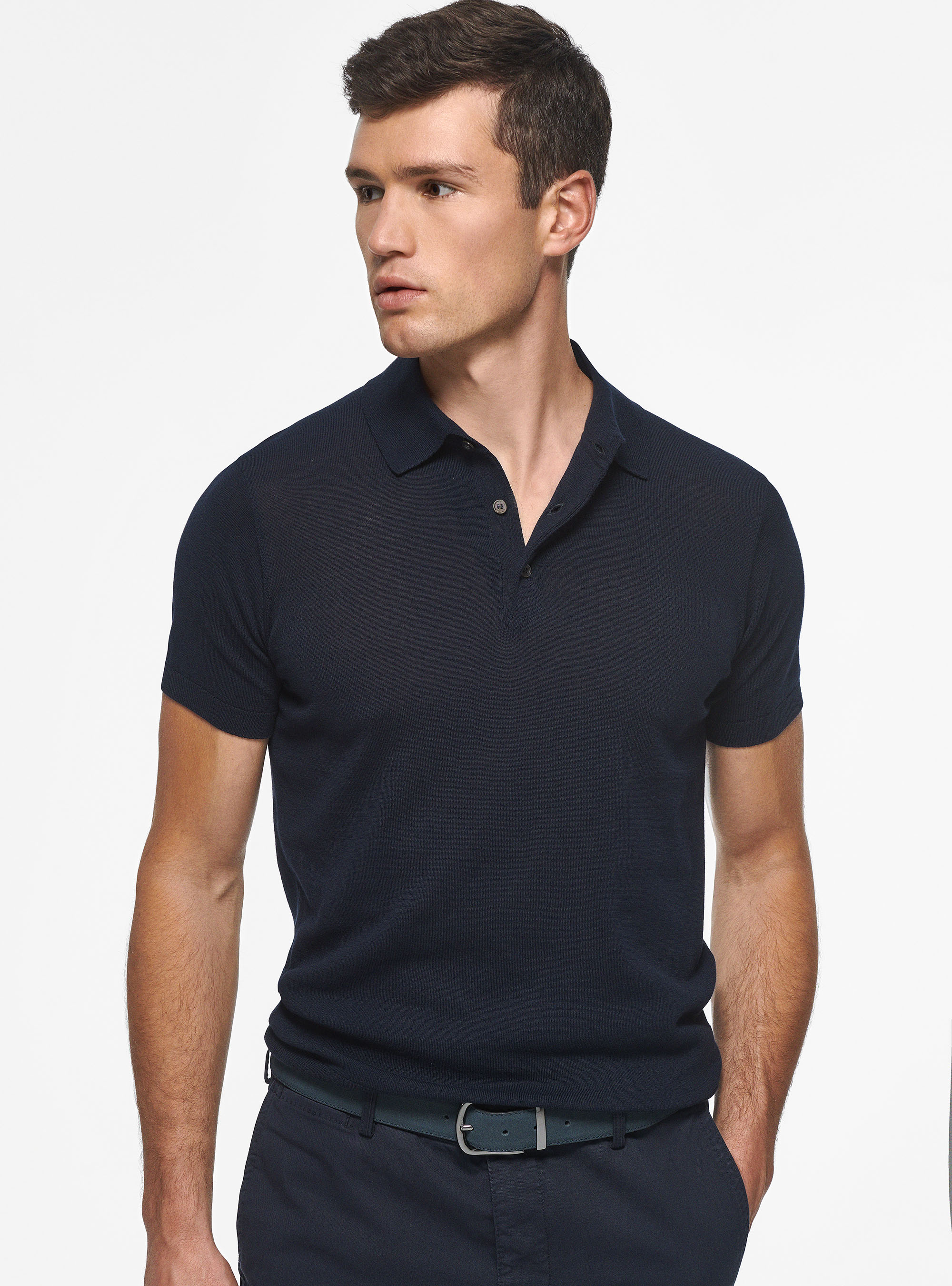 Extra-fine cotton knit polo shirt, NAVY BLUE