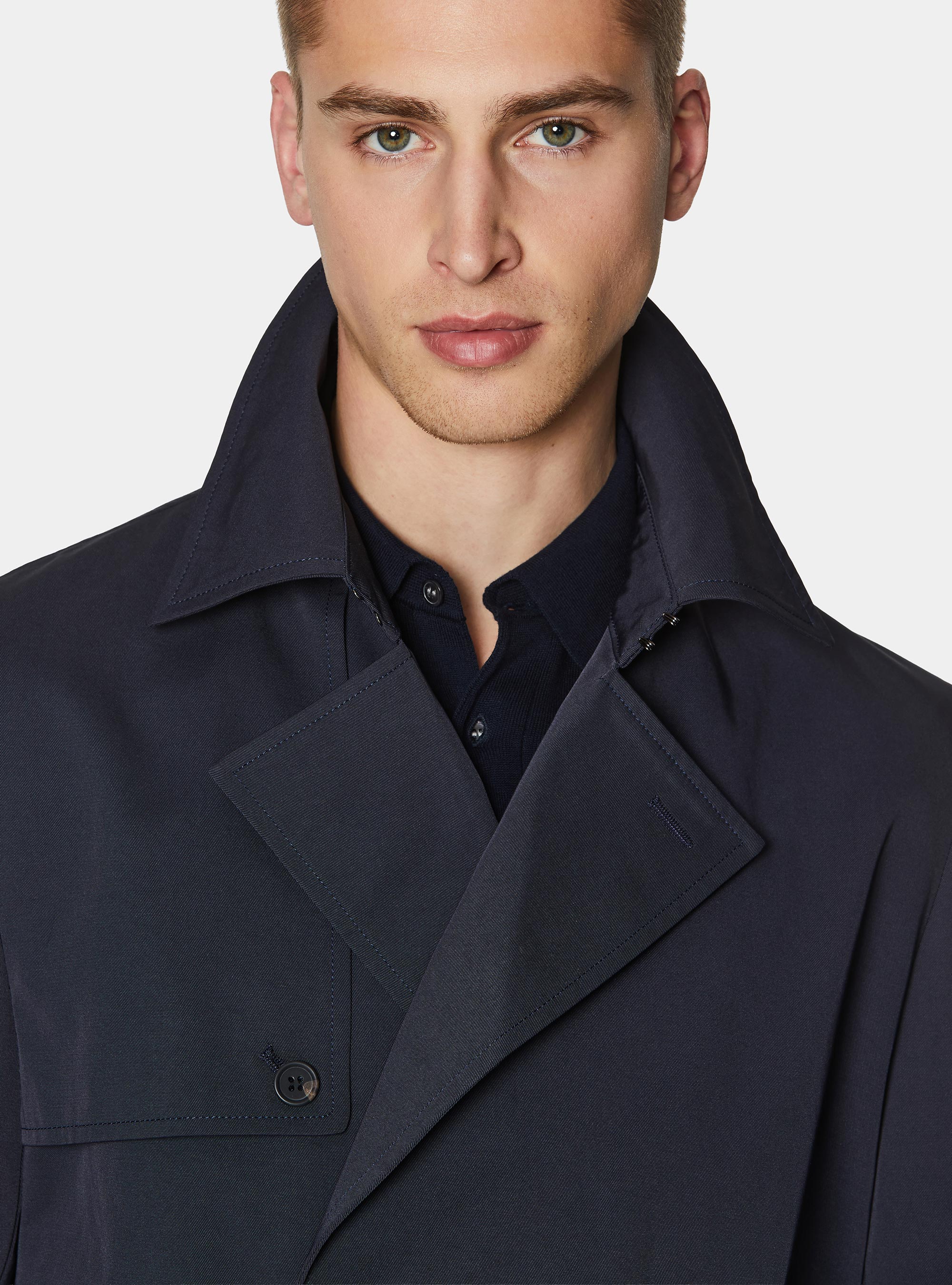 Trench doble botonadura de sarga de algod&oacute;n, AZUL MARINO