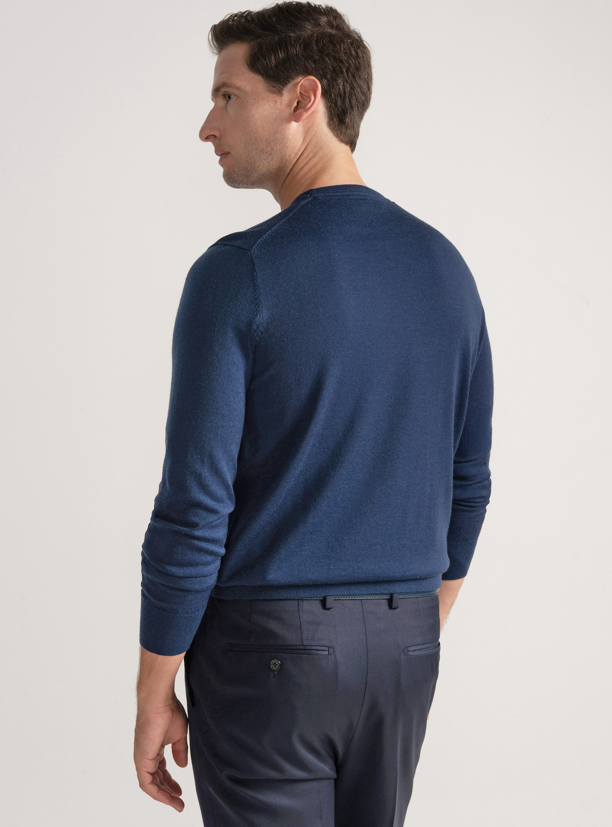 Punto de cuello redondo de pura lana merina extrafina, AZUL TINTA