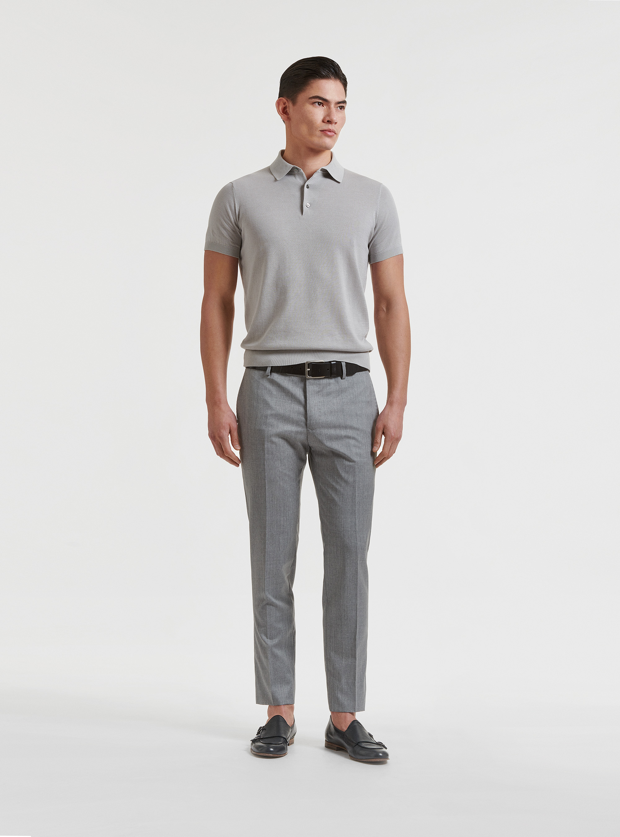 Knitted polo shirt in pure extra-fine cotton, LIGHT GREY MELANGE