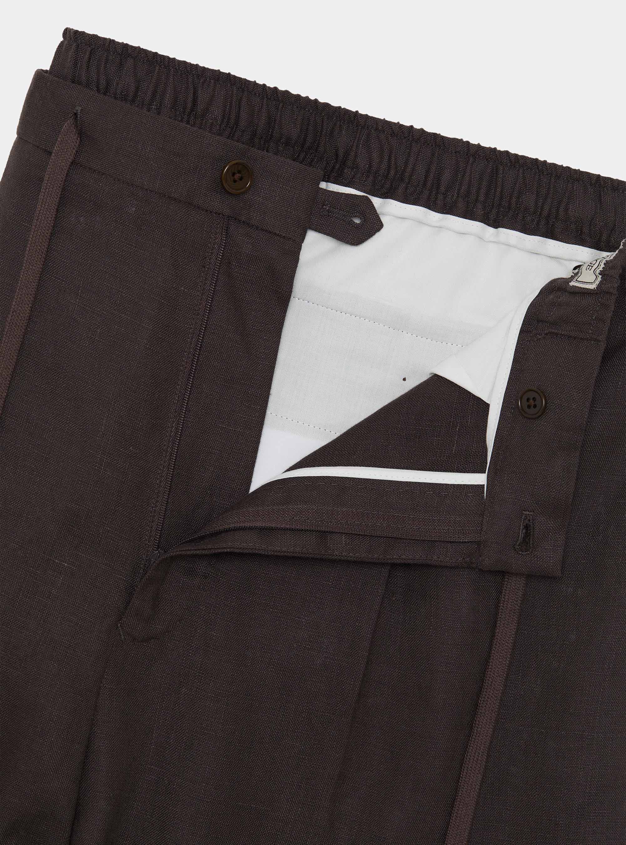 Pantal&oacute;n de lino puro con pinzas y cord&oacute;n de ajuste, MARRON